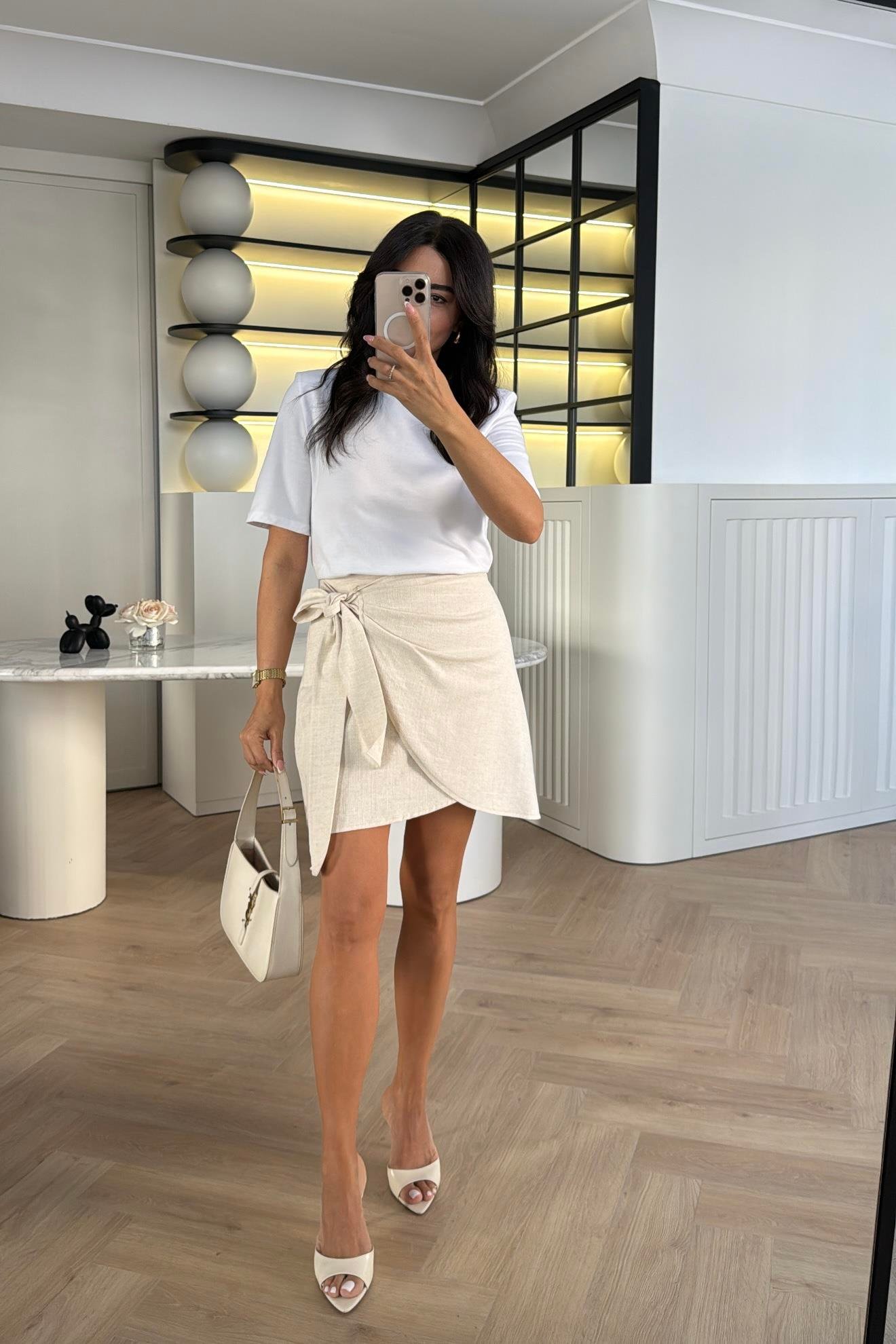 NATUREL RENK YANDAN BAĞLAMALI ASTARLI ŞEHİR BOY KETEN ETEK