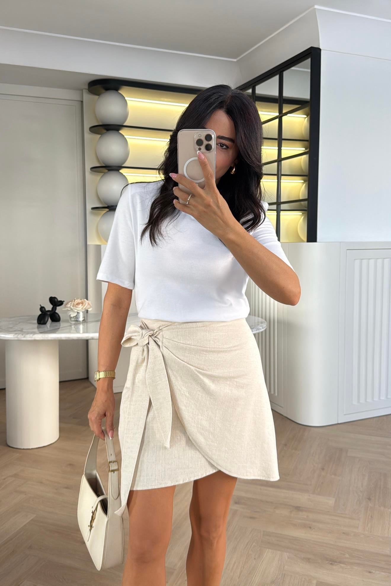 NATUREL RENK YANDAN BAĞLAMALI ASTARLI ŞEHİR BOY KETEN ETEK