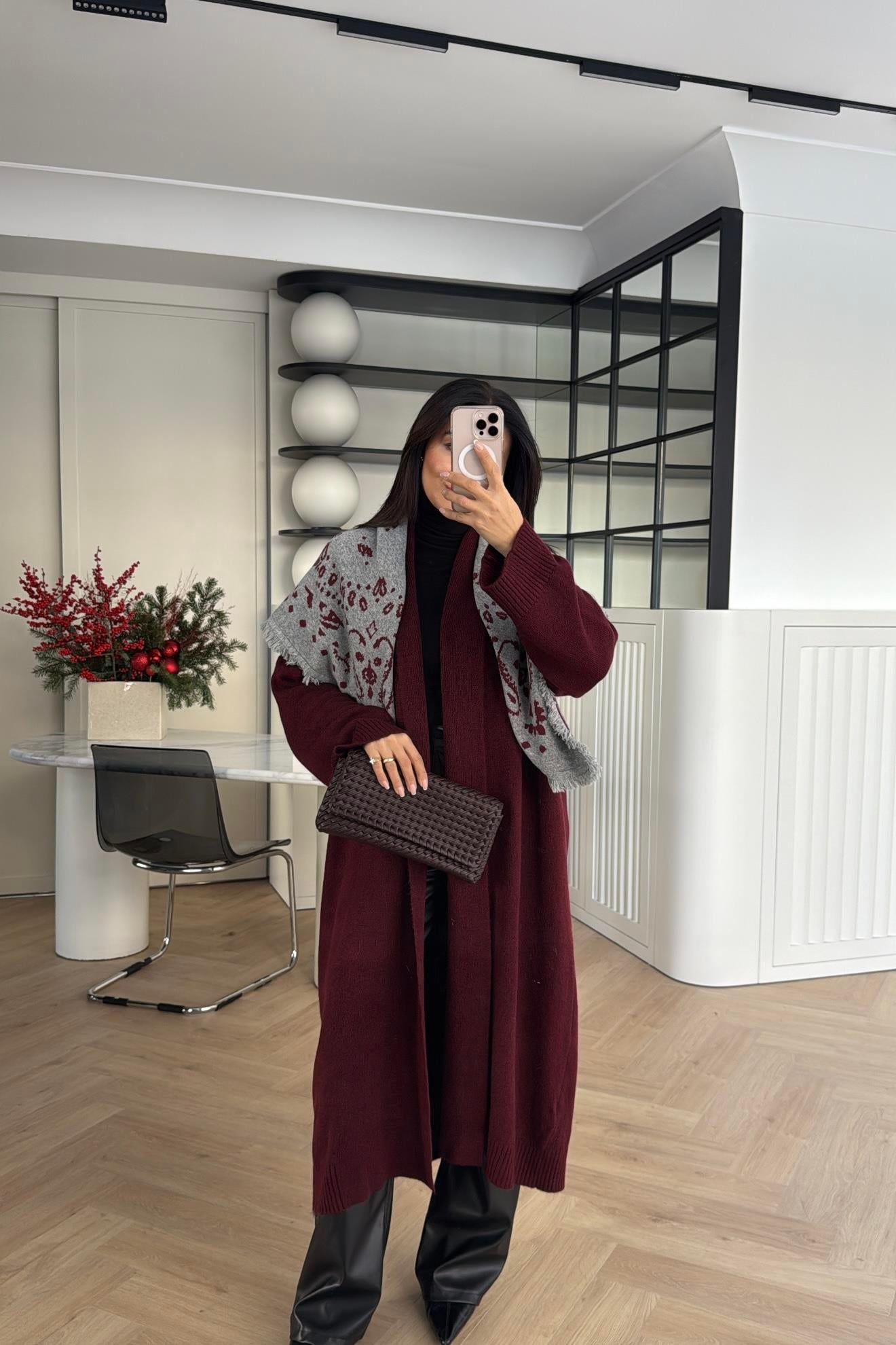 ÖNÜ AÇIK ŞAL YAKA HIRKA BORDO