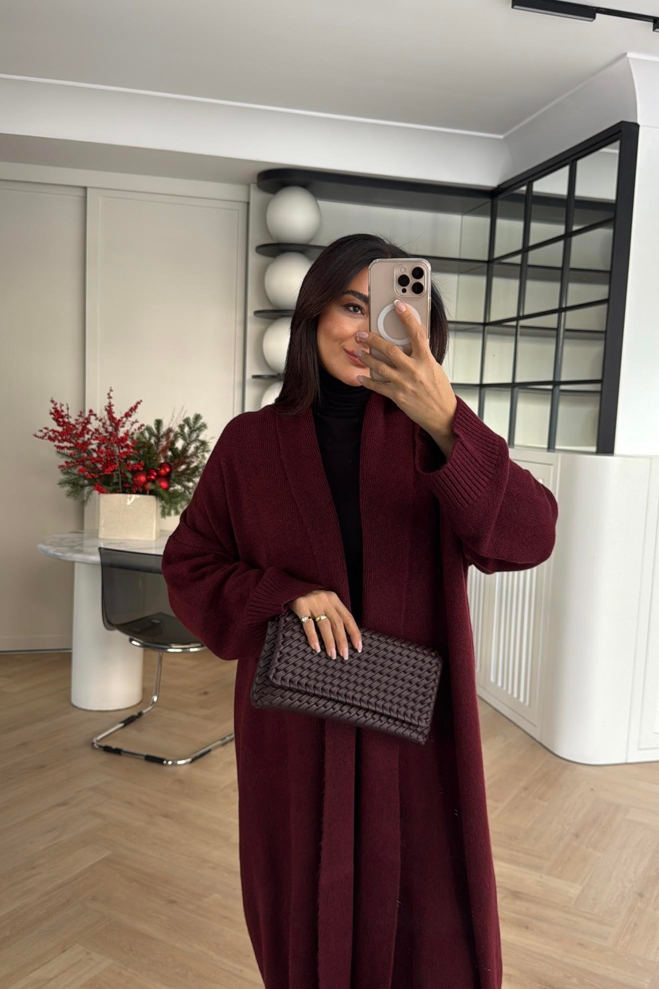 ÖNÜ AÇIK ŞAL YAKA HIRKA BORDO