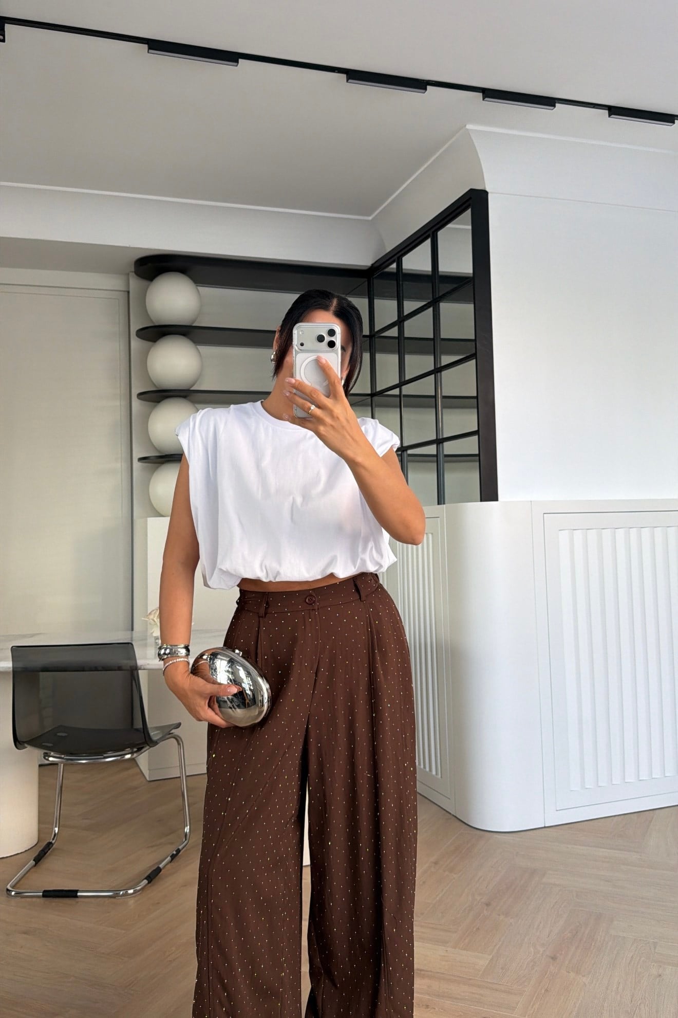 ÖNÜ PİLELİ TAŞLI PANTOLON KAHVE 