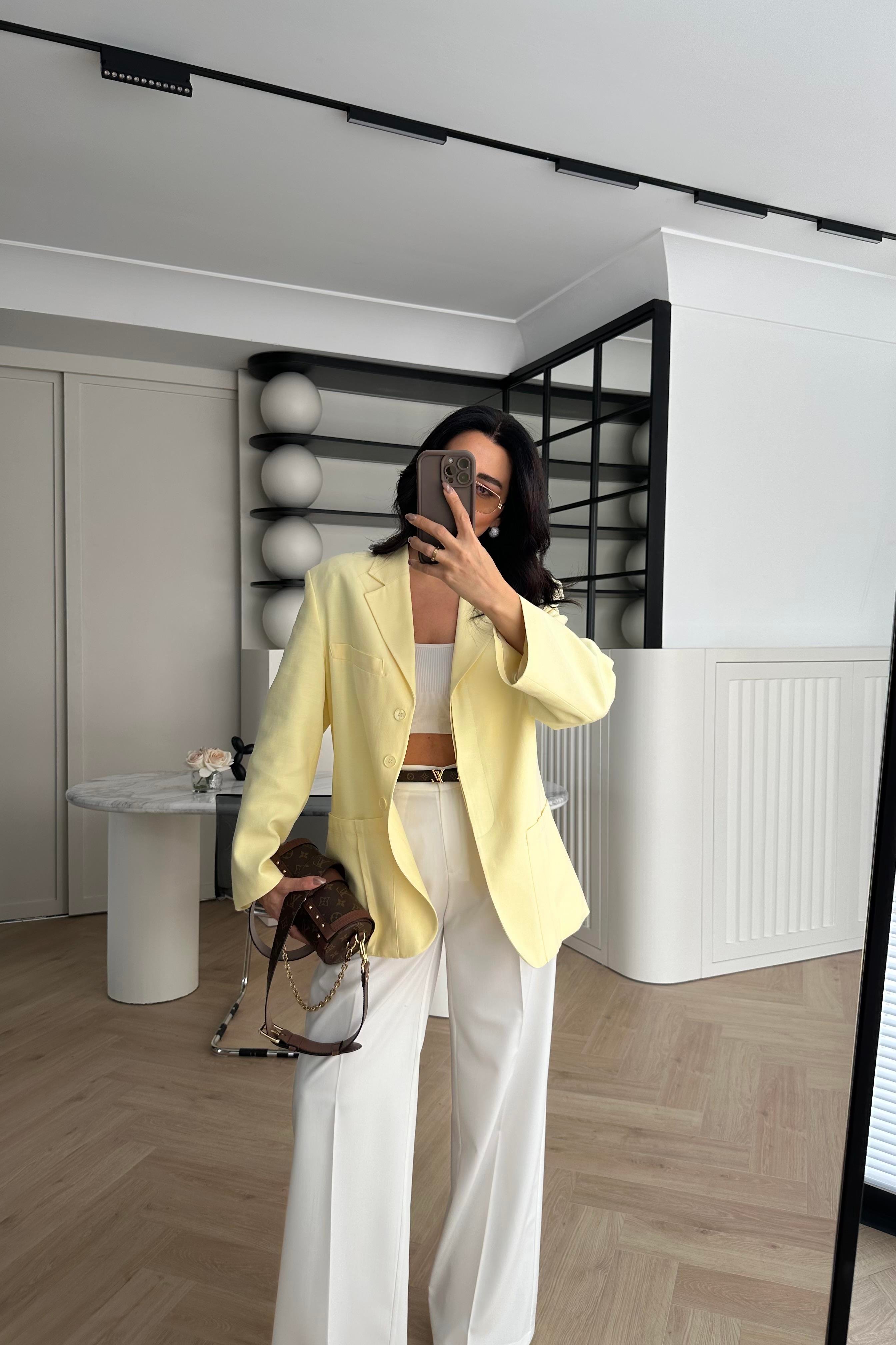 Pastel Sarı Üç Düğmeli Premium Blazer Ceket