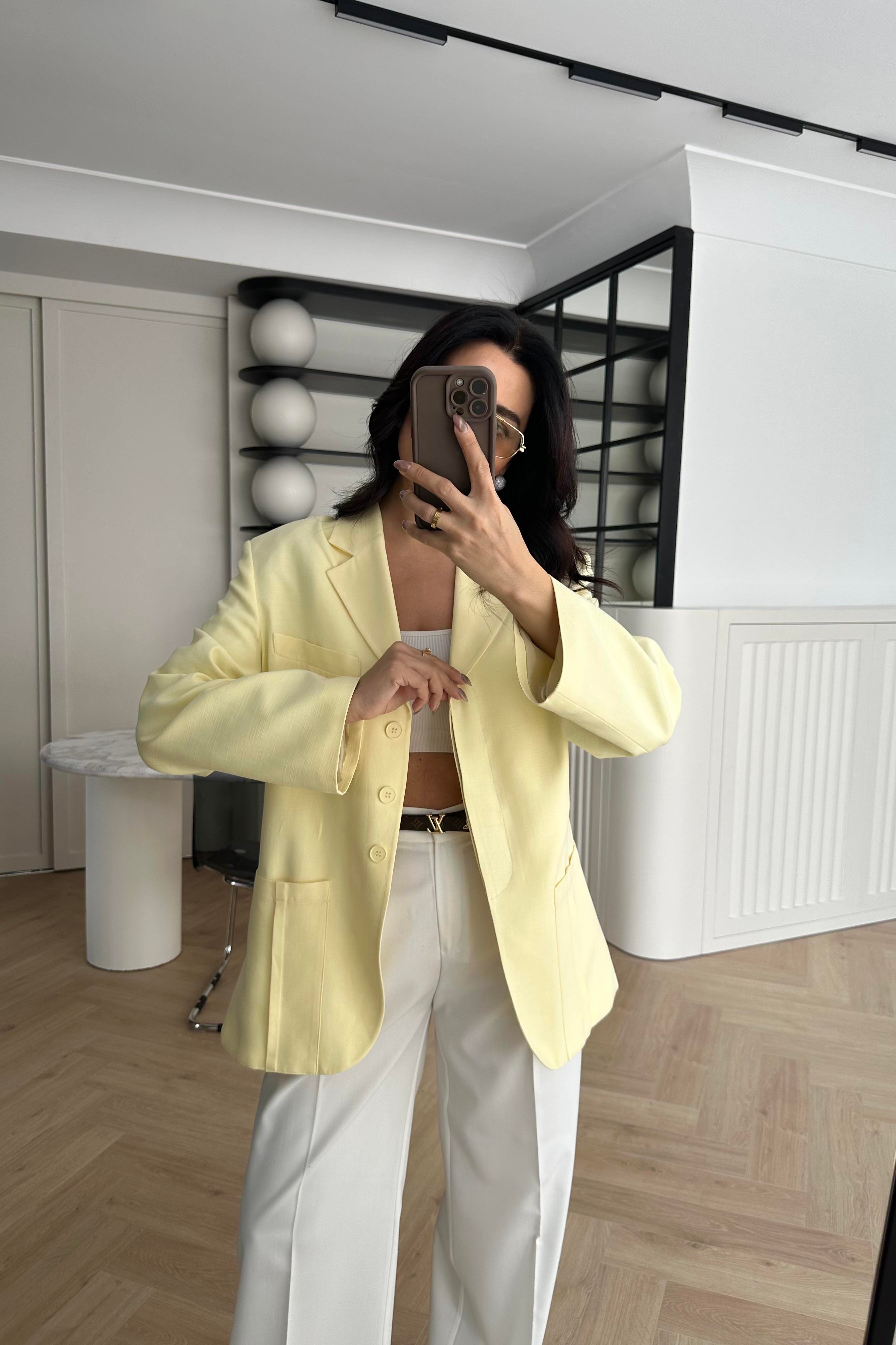 Pastel Sarı Üç Düğmeli Premium Blazer Ceket