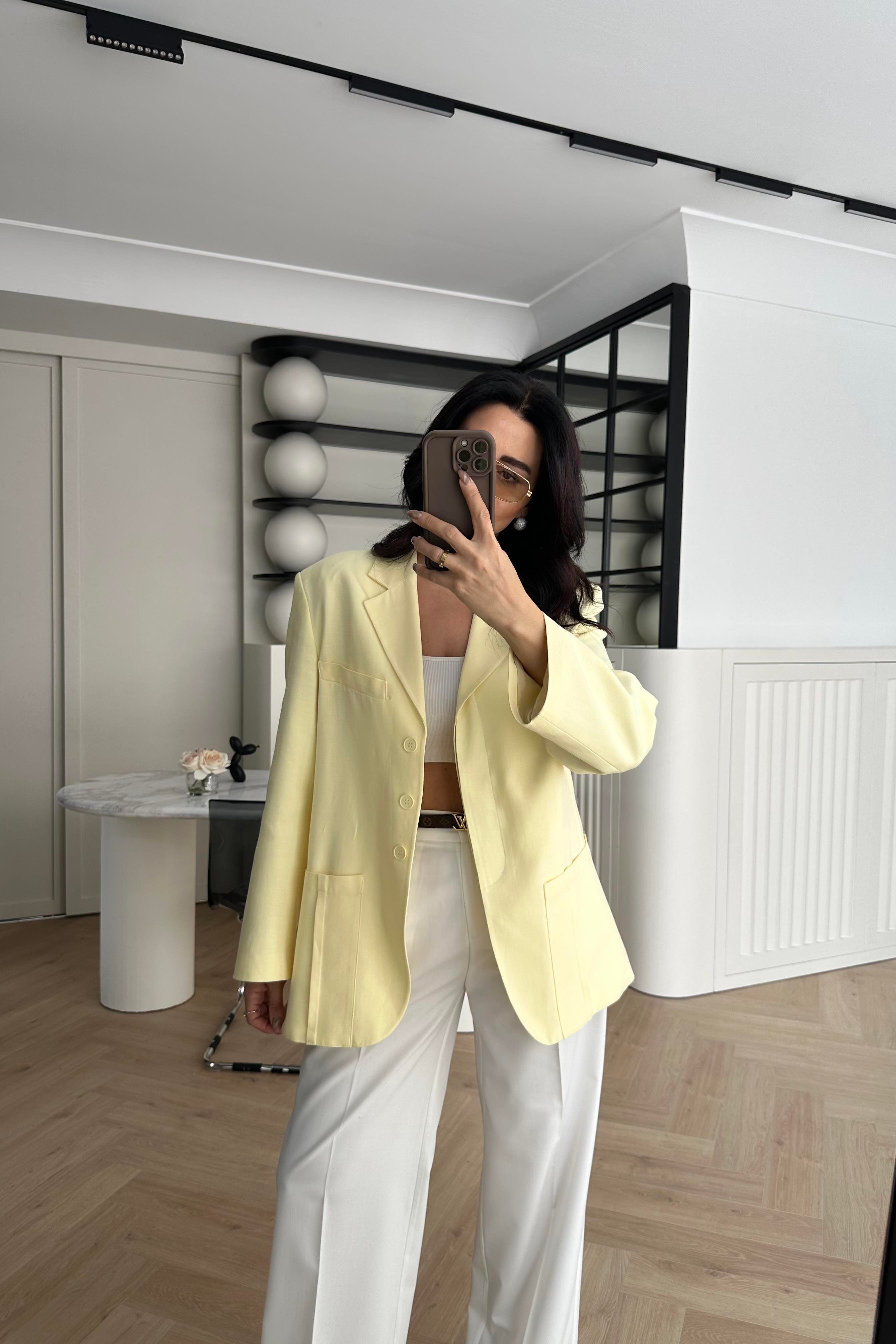 Pastel Sarı Üç Düğmeli Premium Blazer Ceket