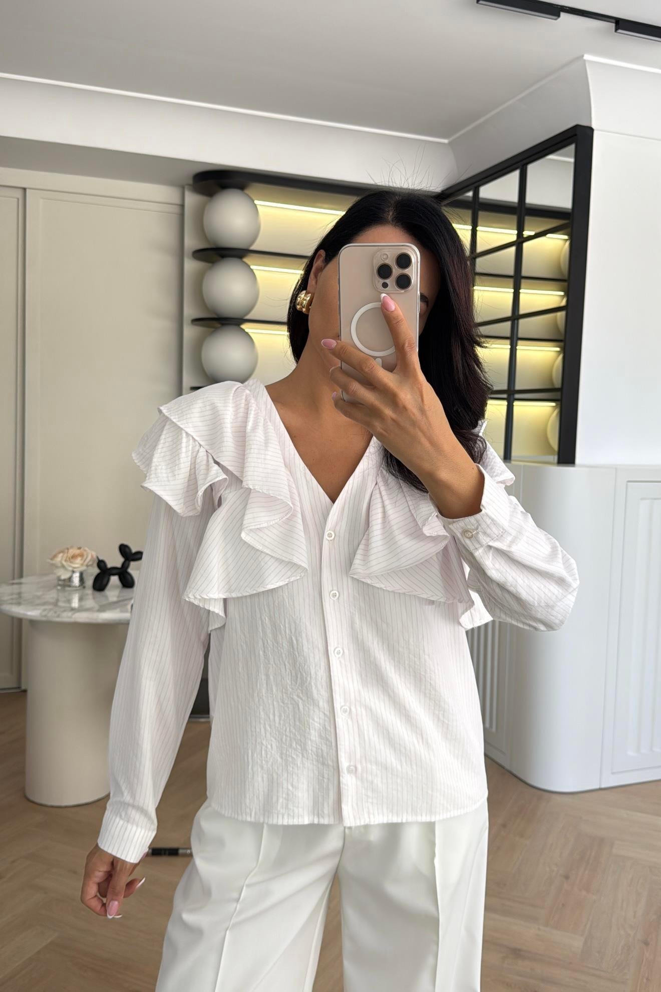 Pembe Çizgili Fırfırlı Tasarım Gömlek