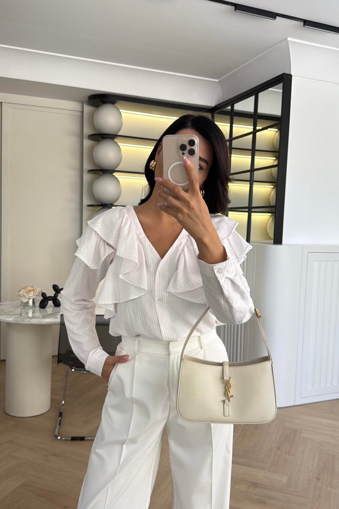 Pembe Çizgili Fırfırlı Tasarım Gömlek