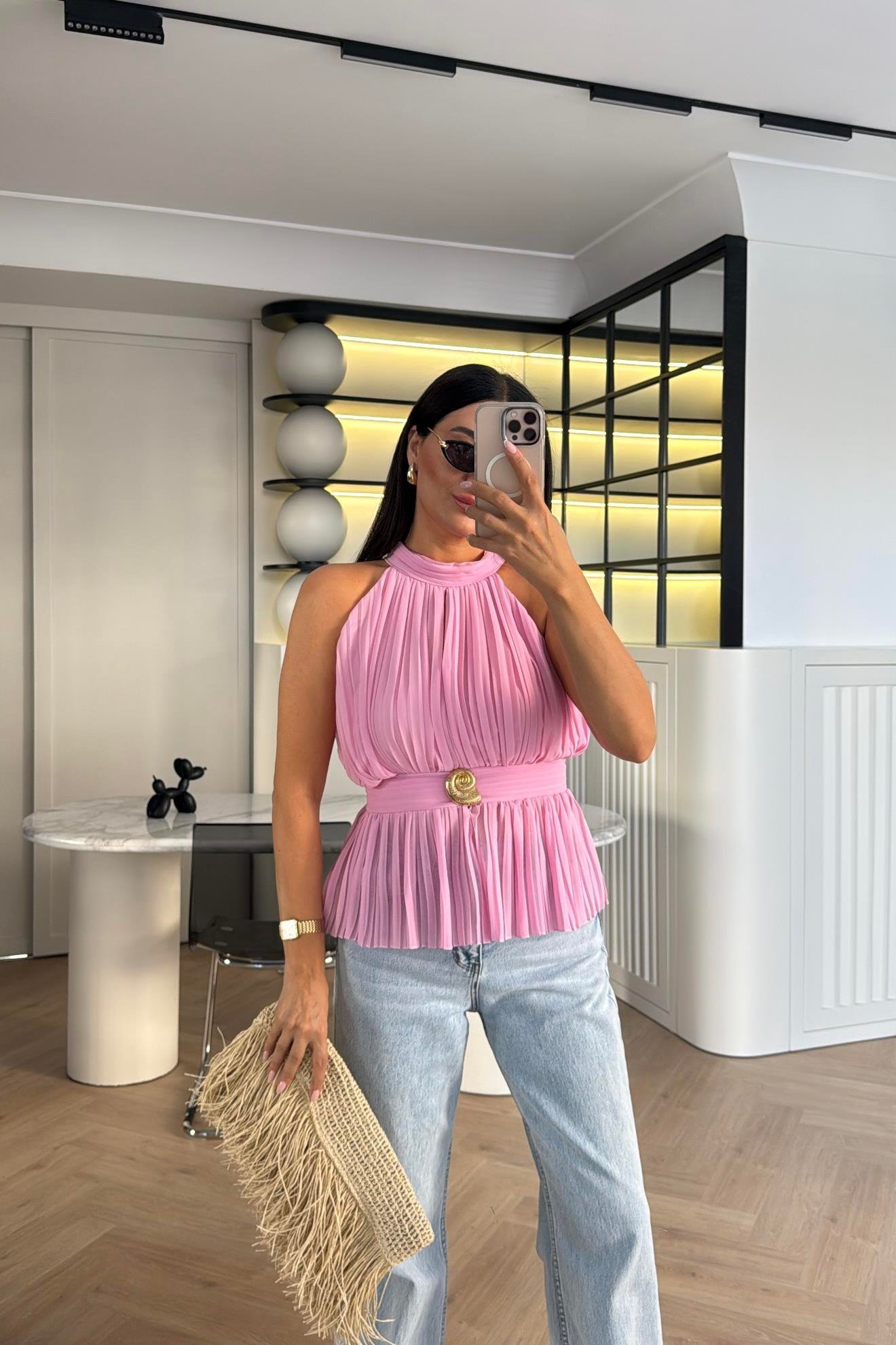 PEMBE GOLD DÜĞMELİ BLUZ 