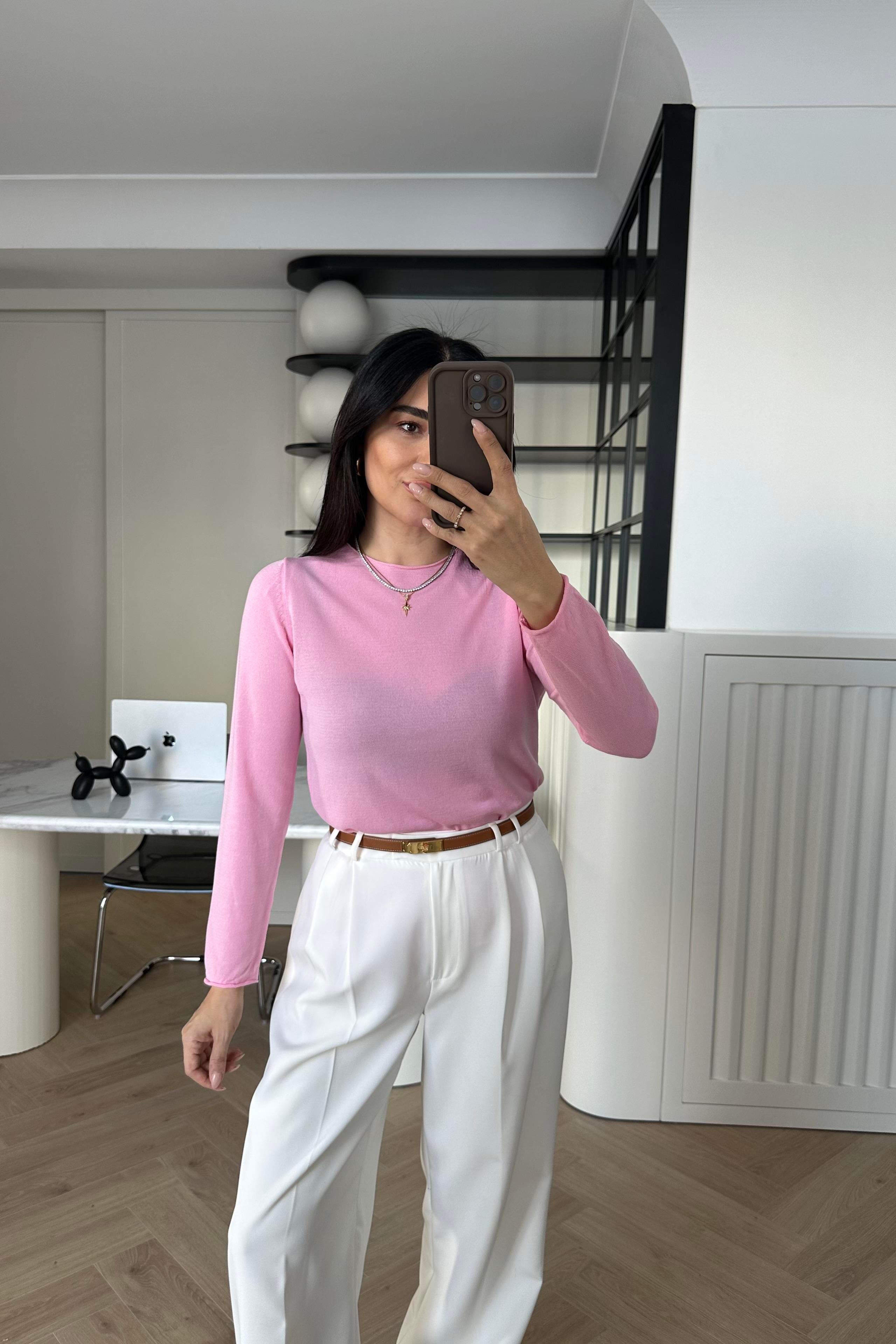 Pembe İnce Dokuma Triko Kazak