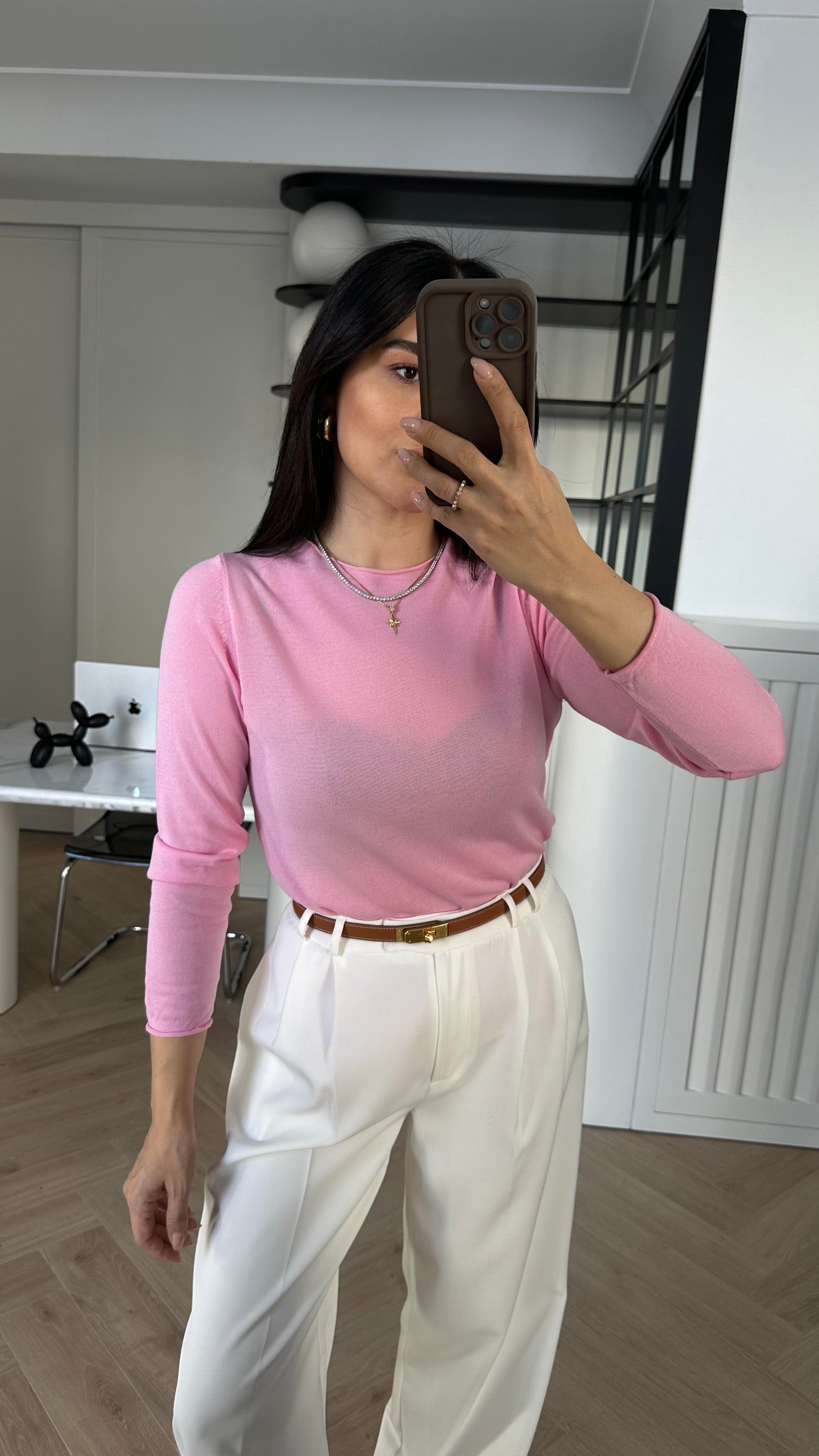 Pembe İnce Dokuma Triko Kazak