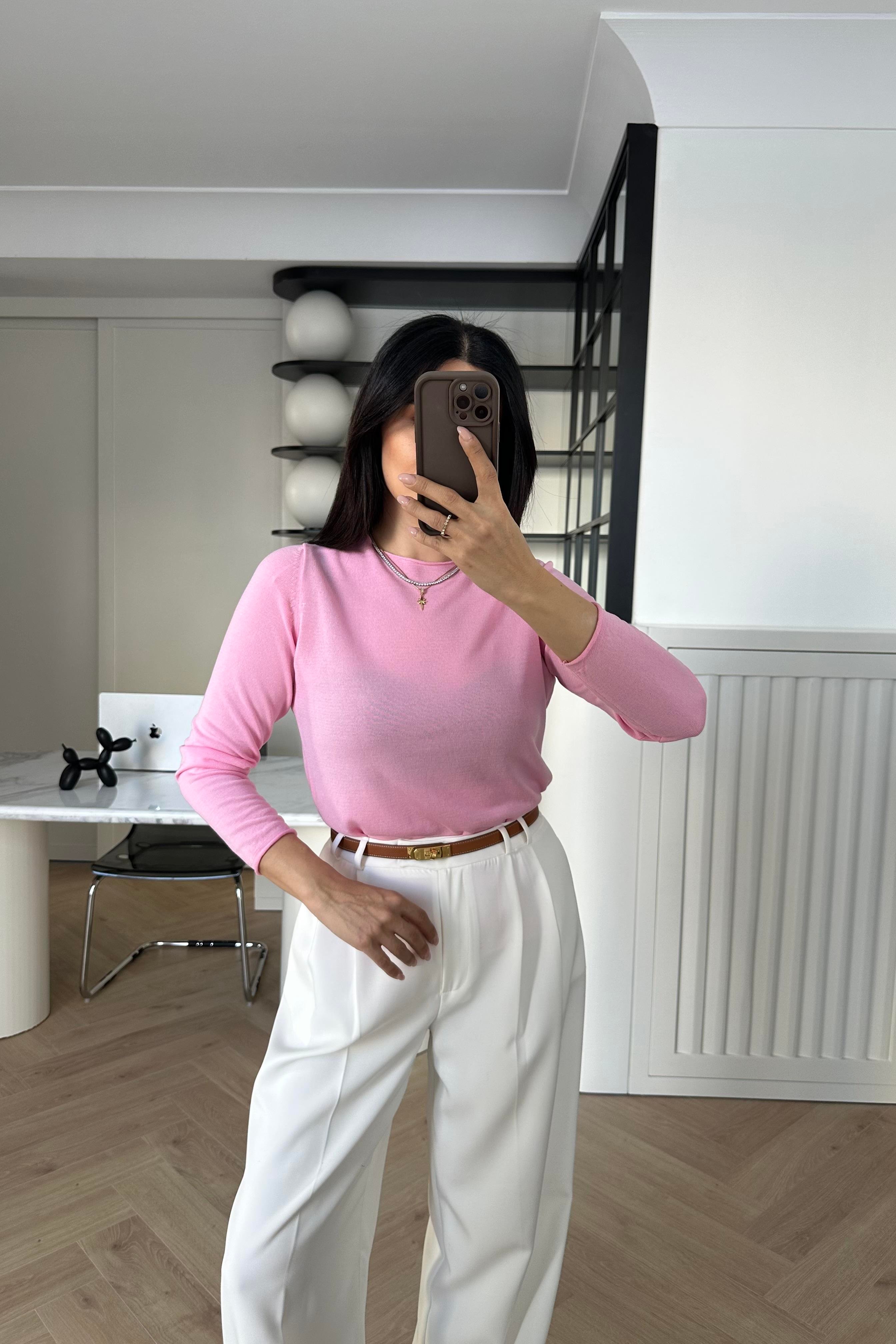 Pembe İnce Dokuma Triko Kazak