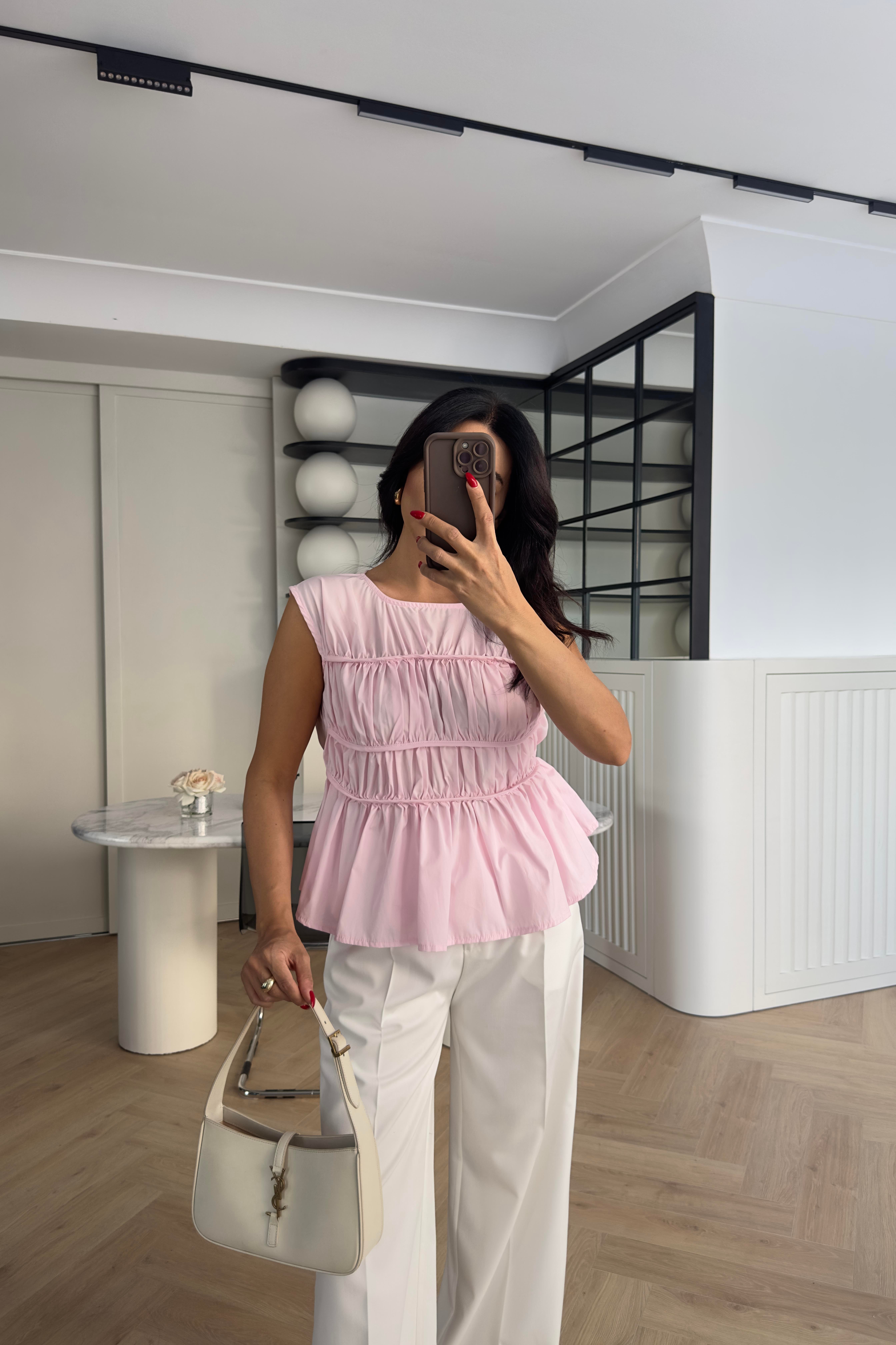Pembe Poplin Kumaş Büzgülü Bluz