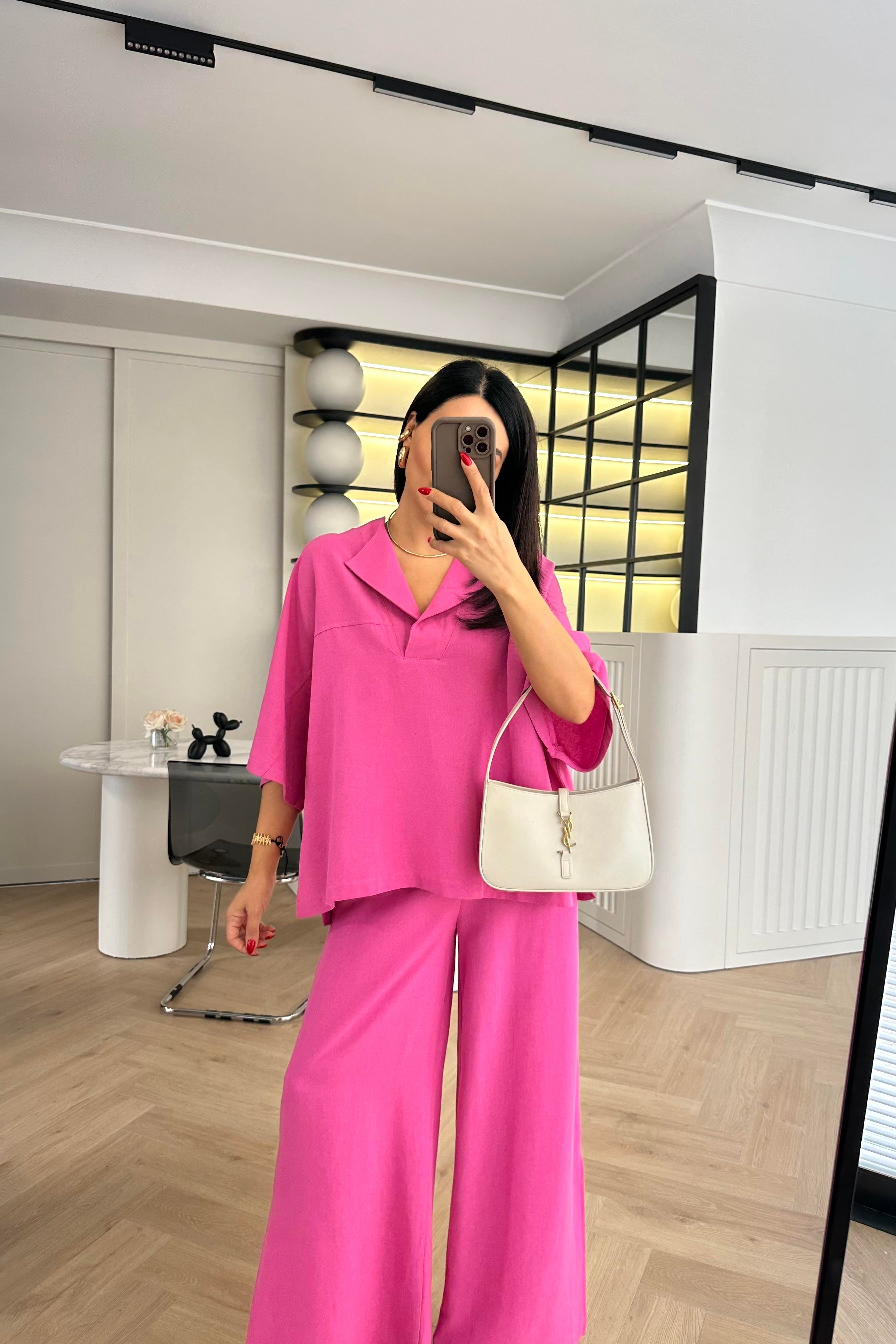 Pembe Rahat Kalıp Keten Elbise