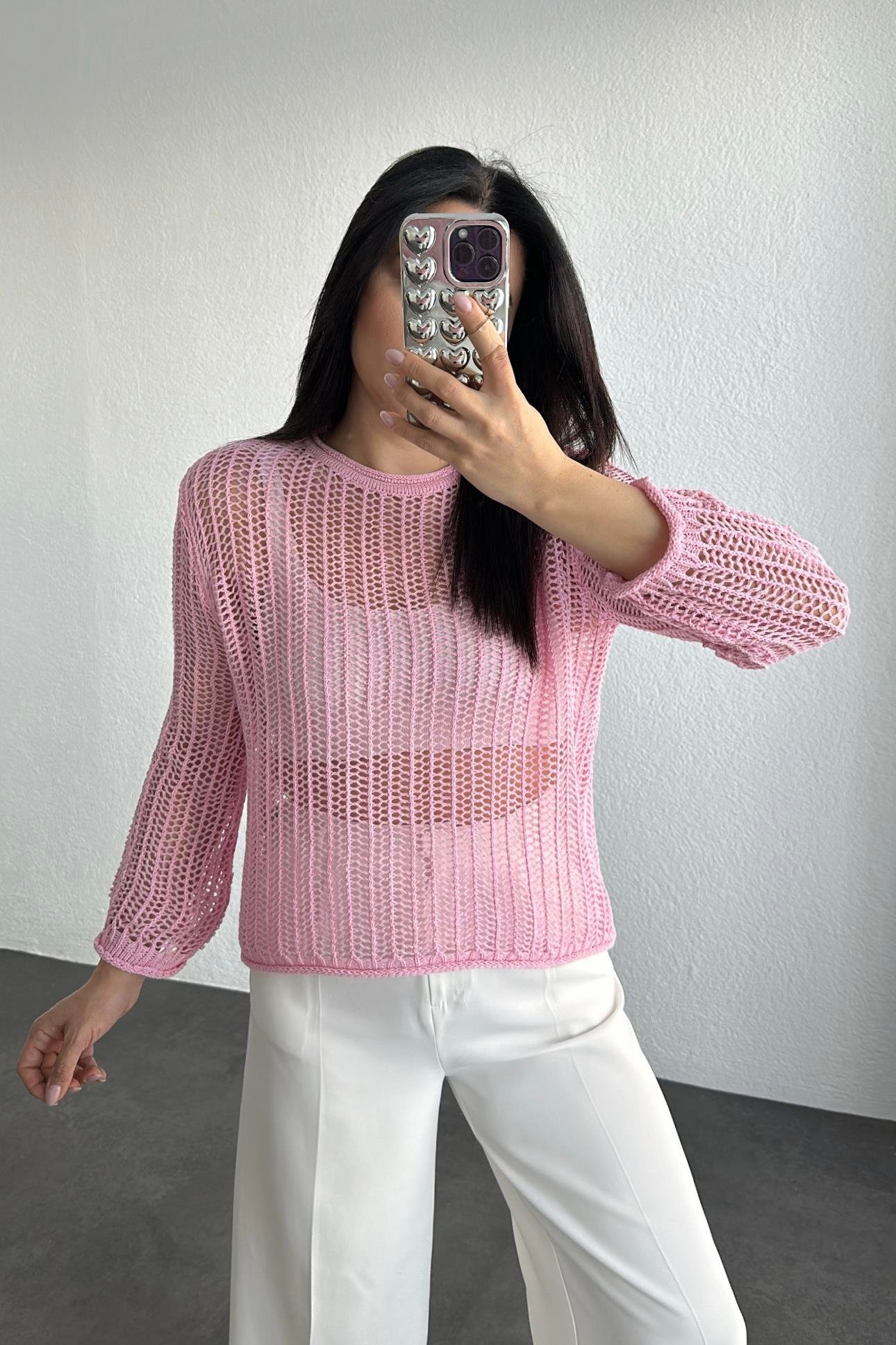 Pembe Renk Ajurlu Mevsimlik Triko 