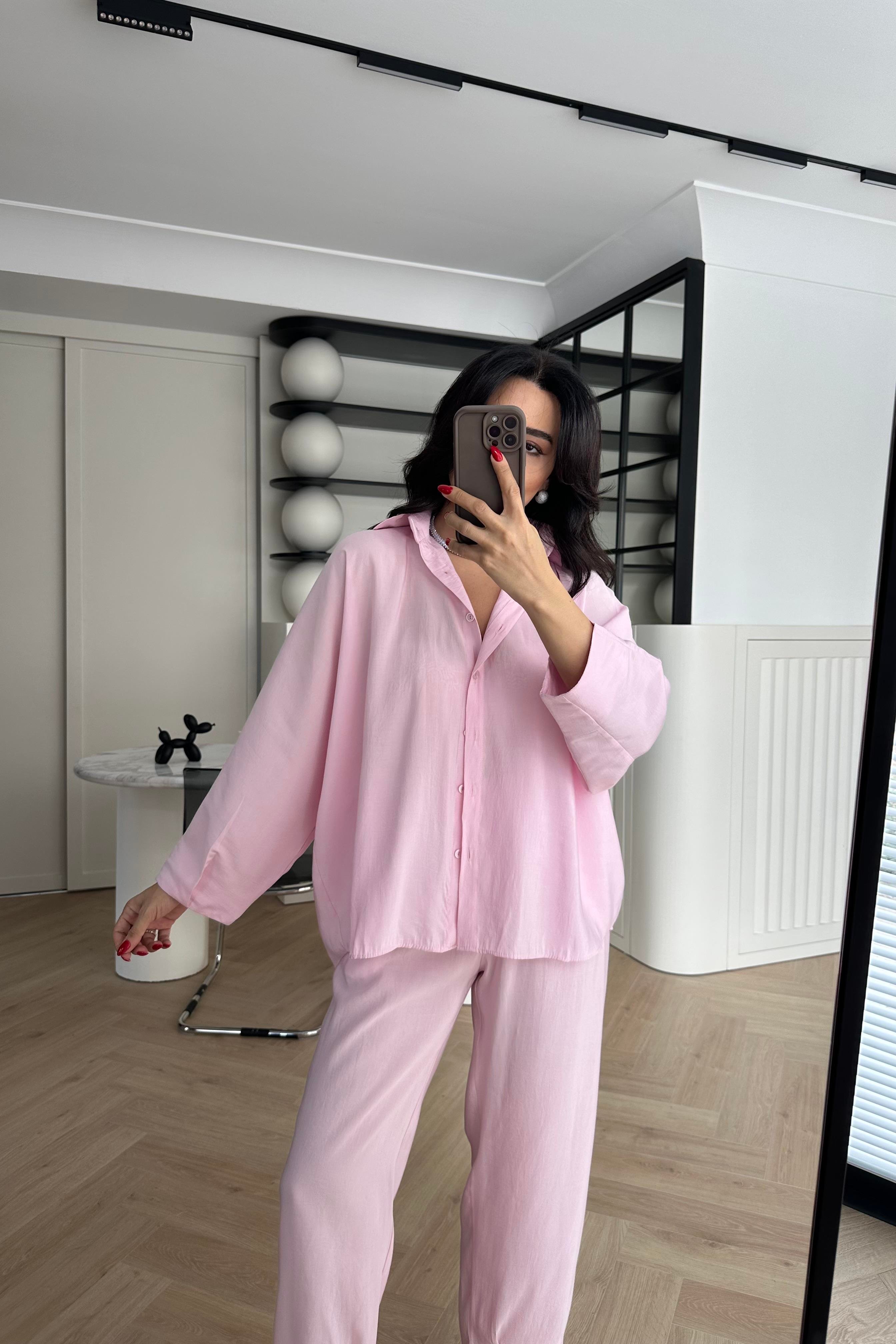 Pembe Tensel Kumaş Massi Gömlek Pantolon Takım