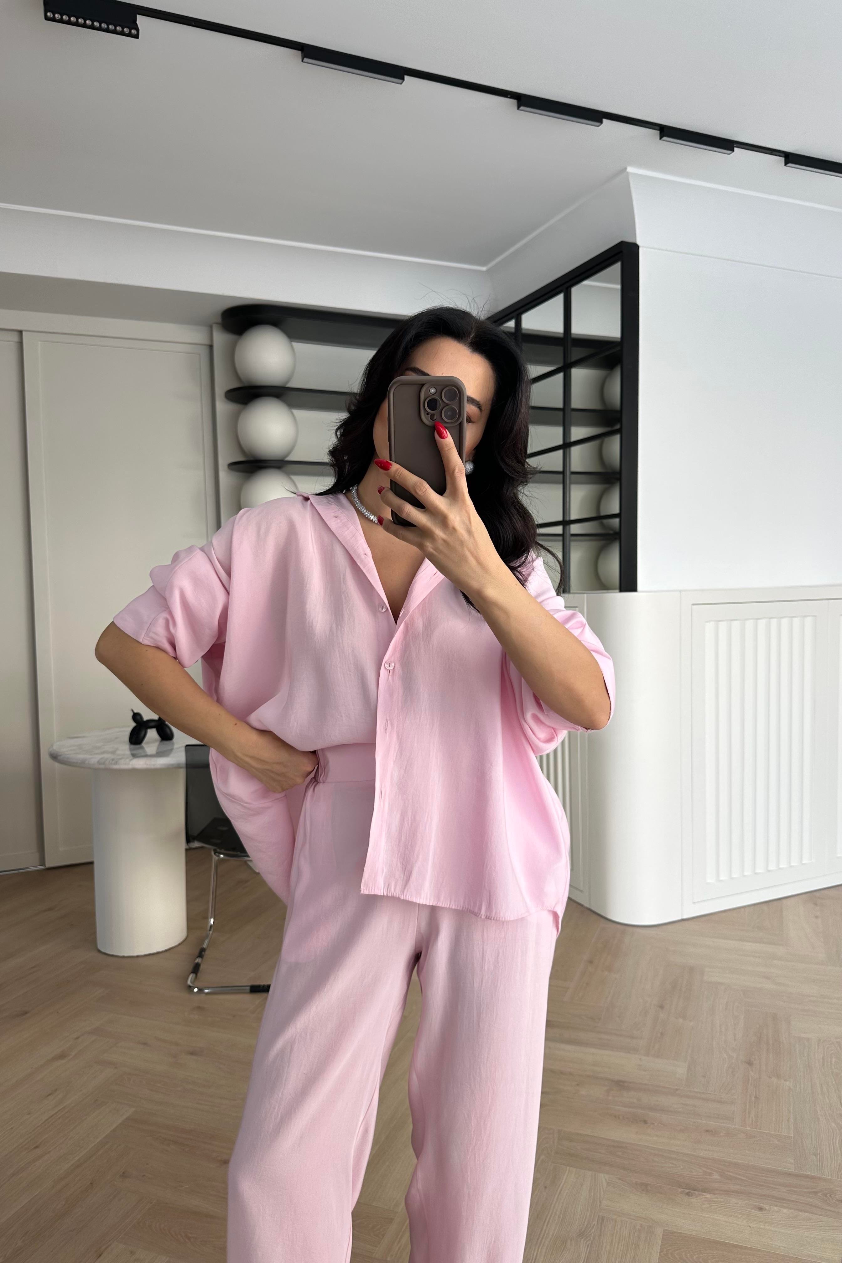 Pembe Tensel Kumaş Massi Gömlek Pantolon Takım