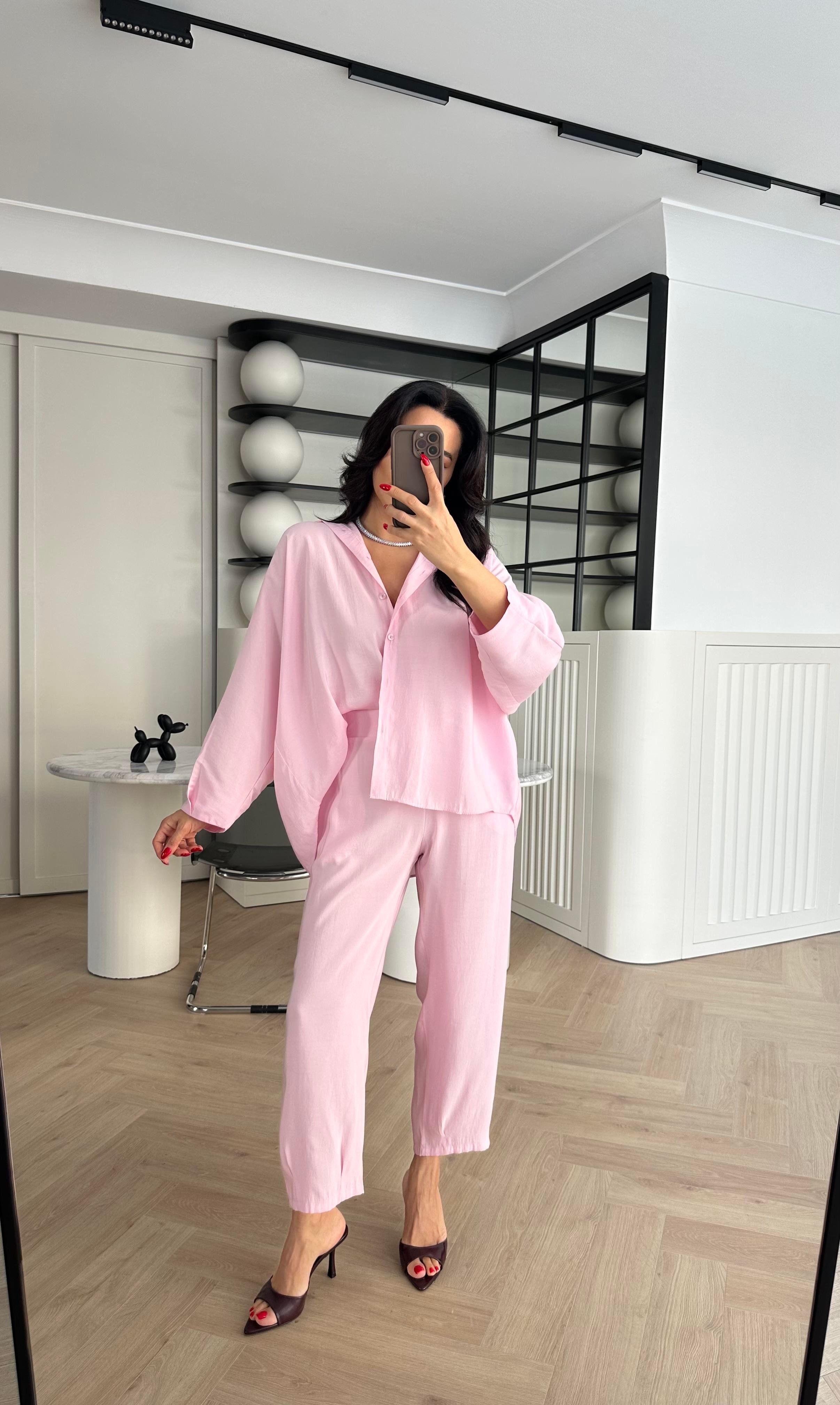 Pembe Tensel Kumaş Massi Gömlek Pantolon Takım
