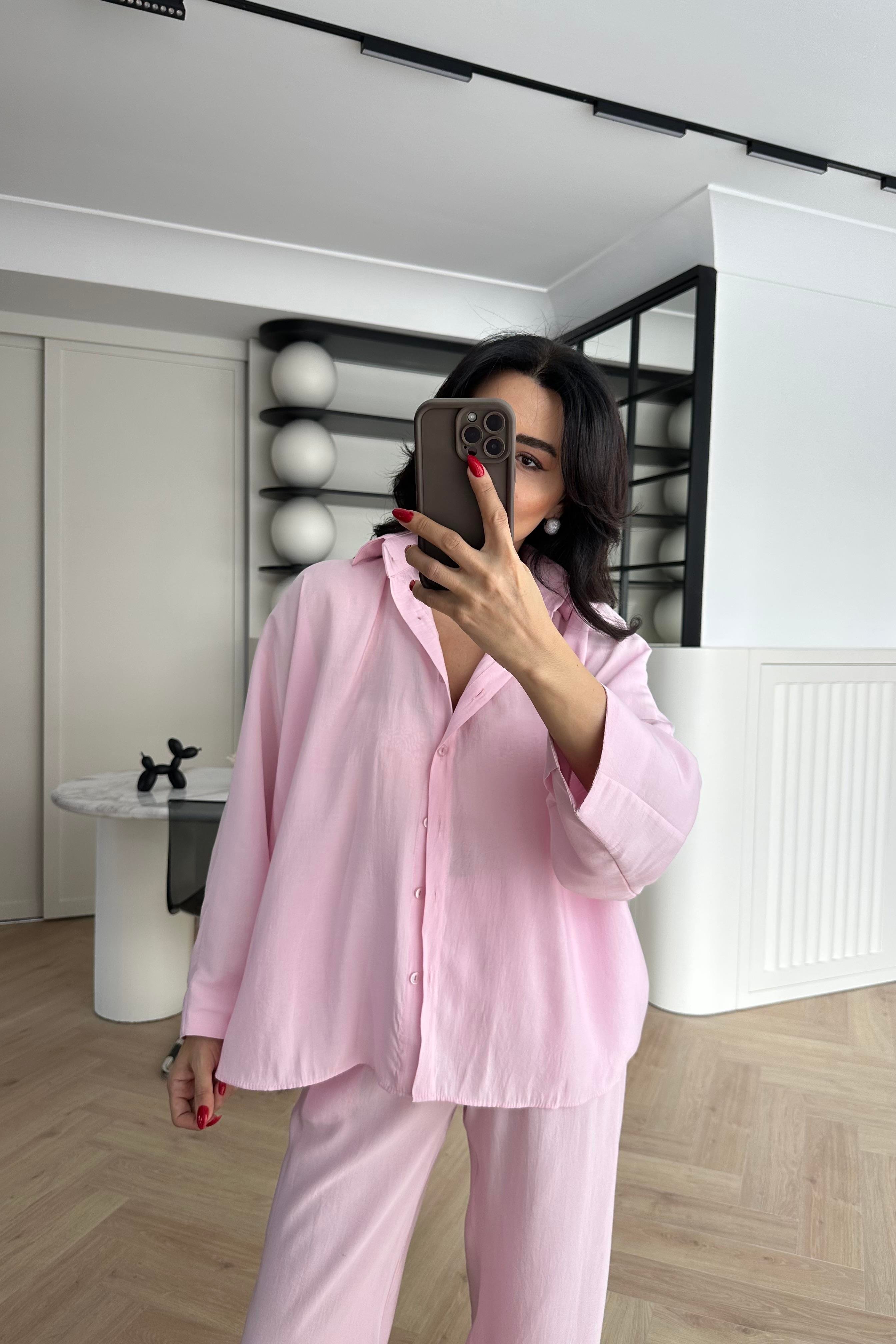 Pembe Tensel Kumaş Massi Gömlek Pantolon Takım