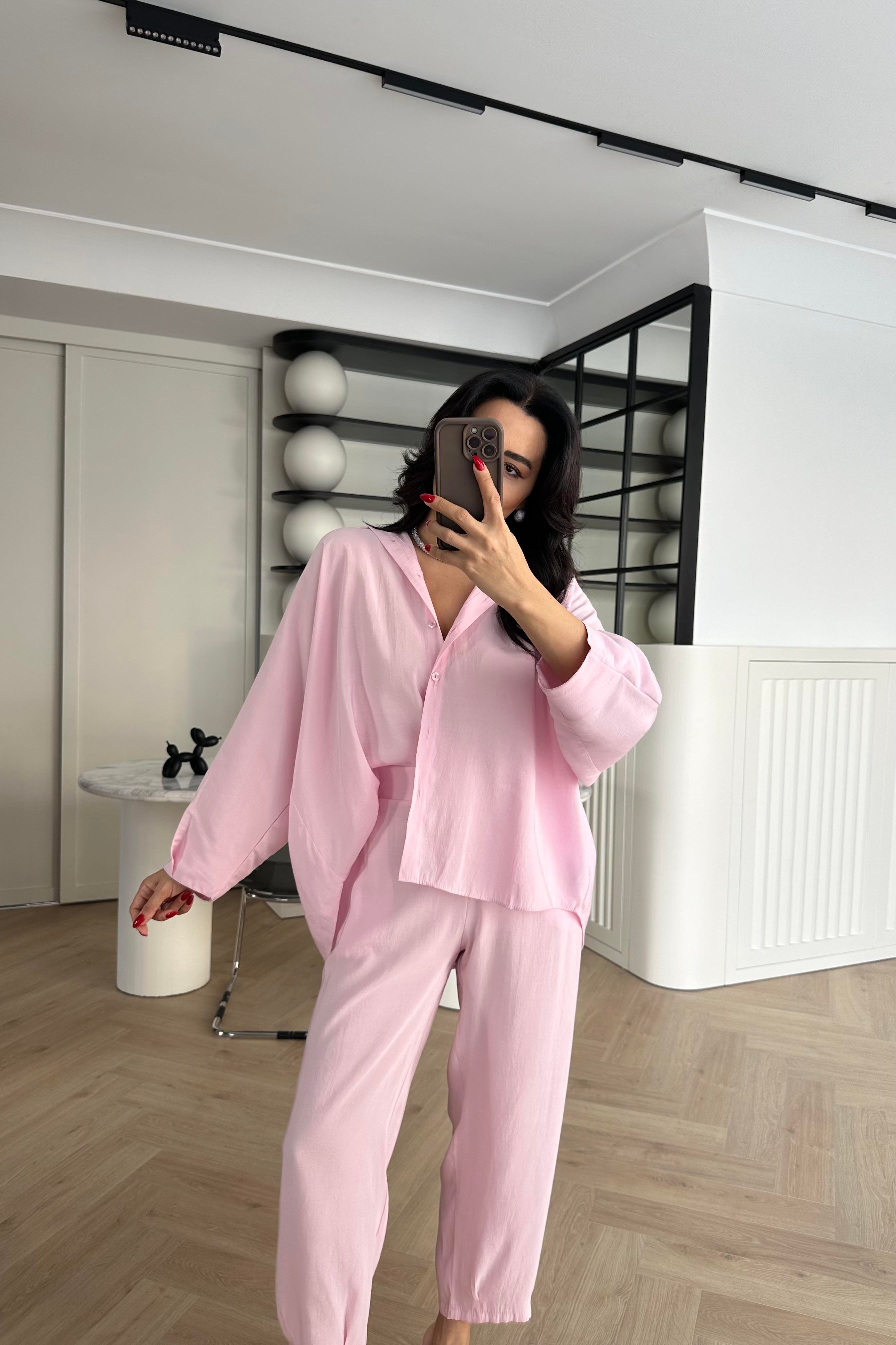 Pembe Tensel Kumaş Massi Gömlek Pantolon Takım