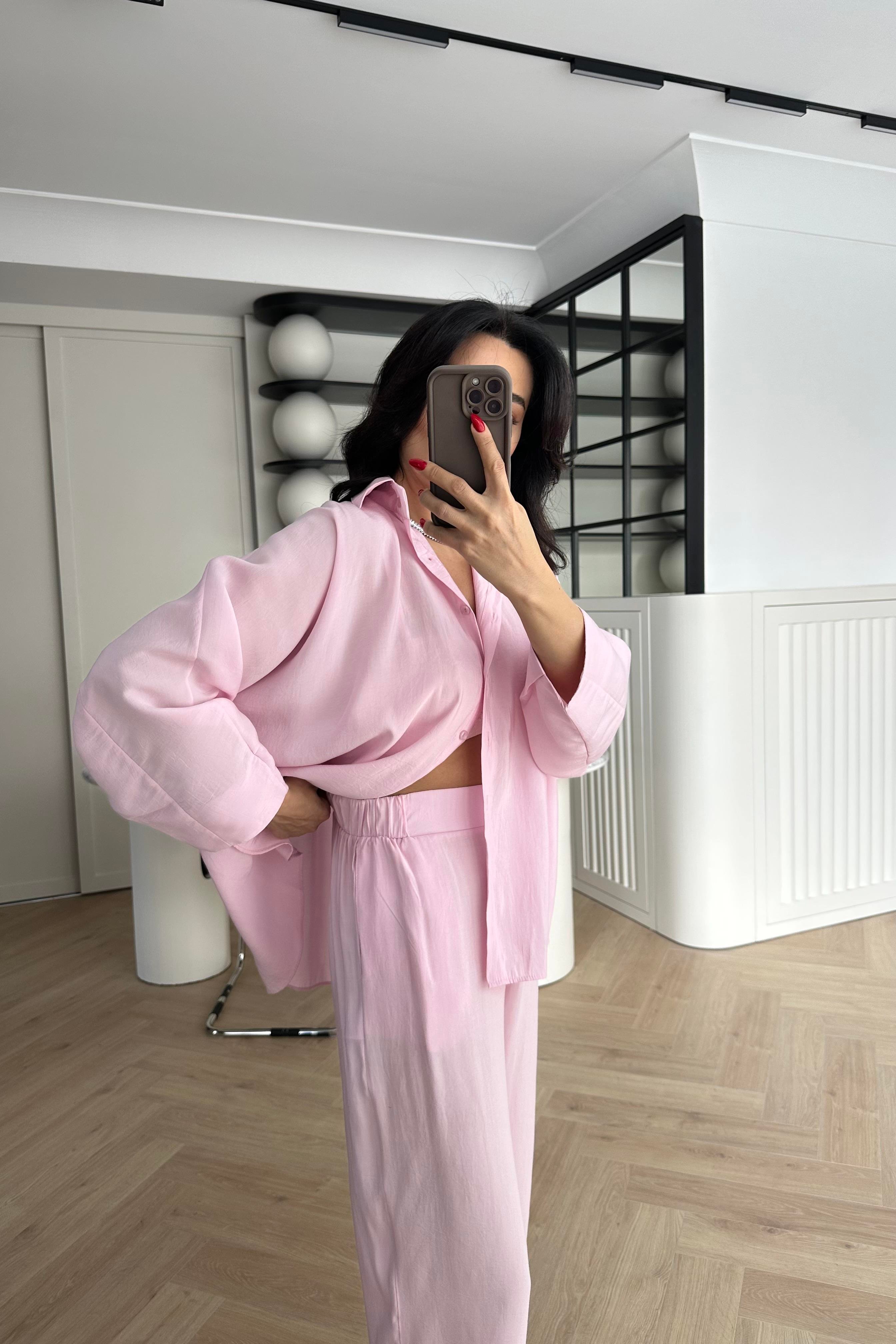 Pembe Tensel Kumaş Massi Gömlek Pantolon Takım