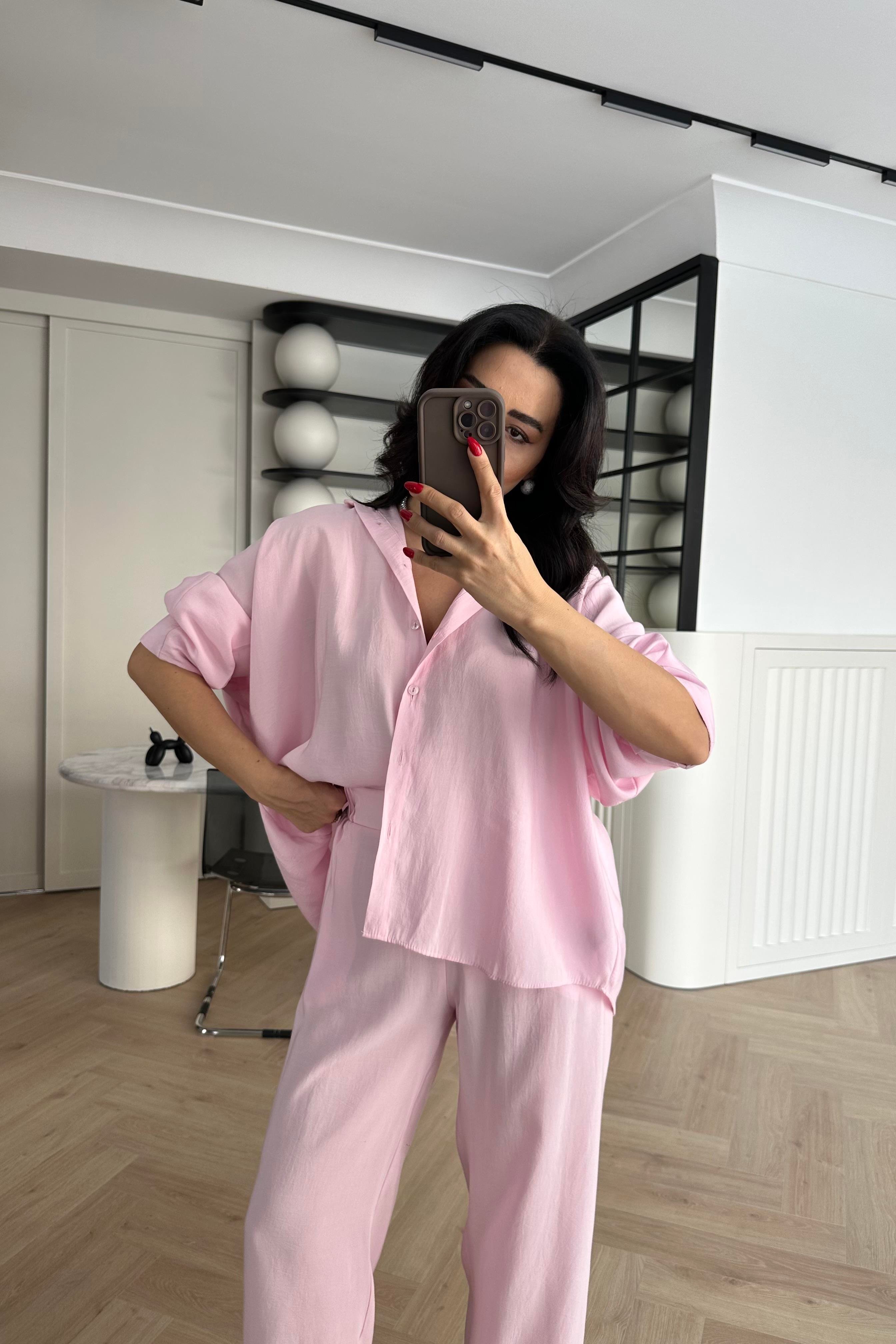 Pembe Tensel Kumaş Massi Gömlek Pantolon Takım