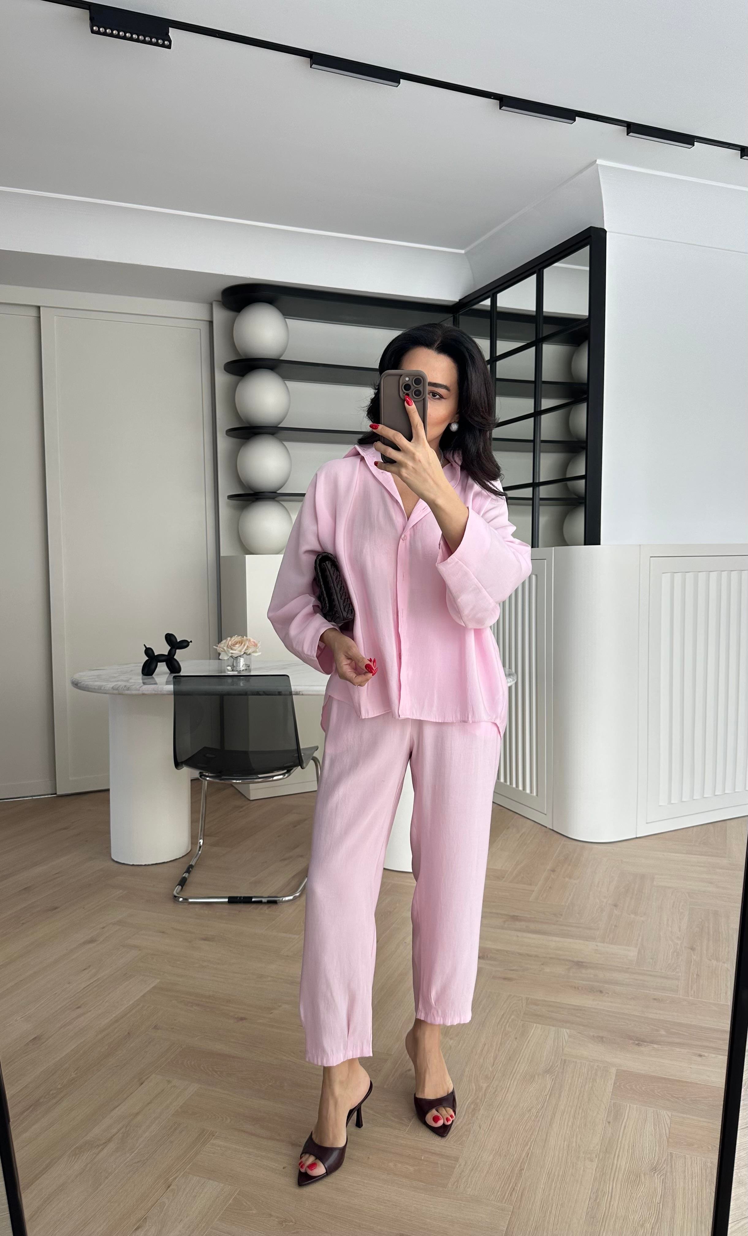 Pembe Tensel Kumaş Massi Gömlek Pantolon Takım