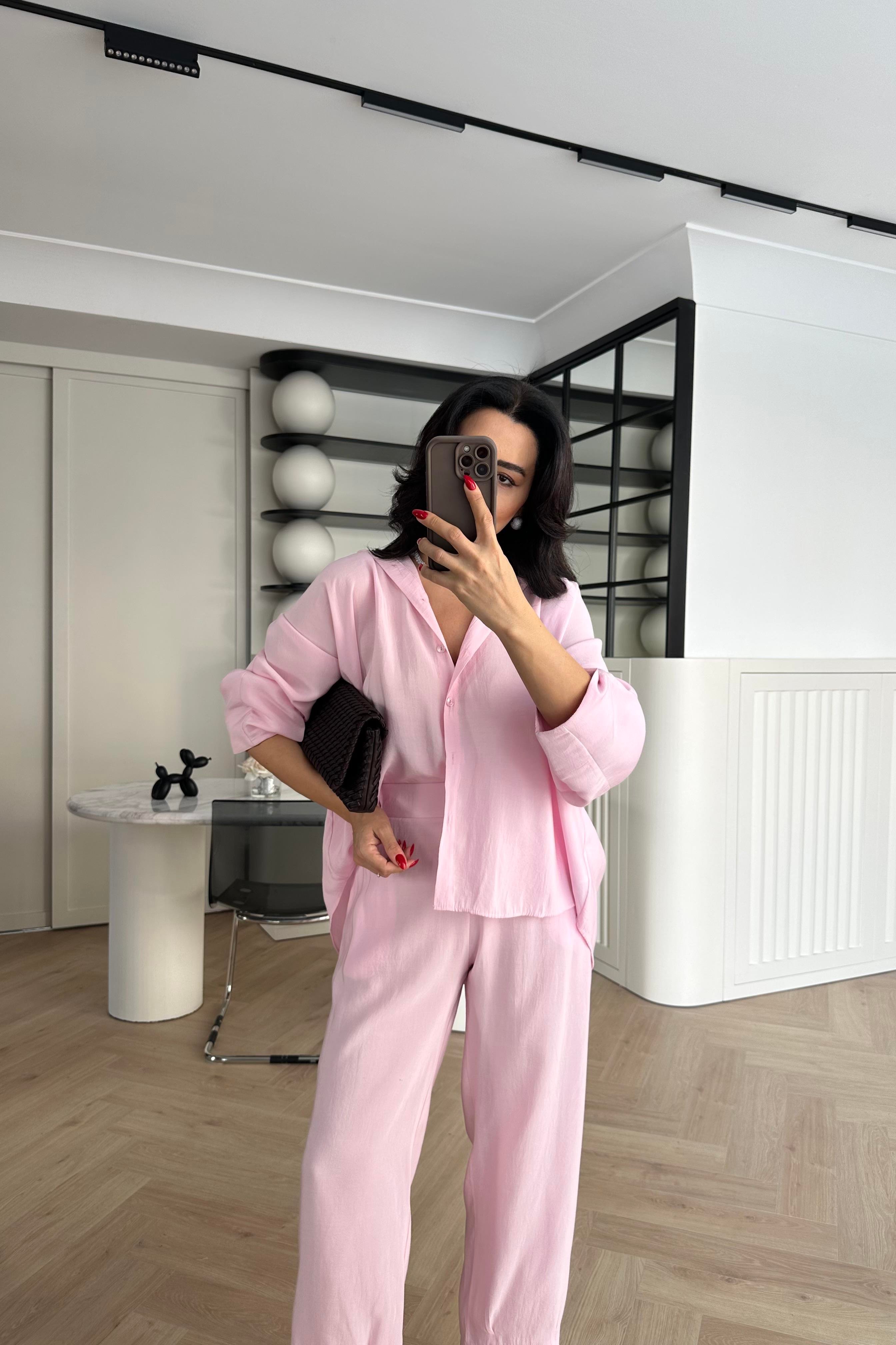 Pembe Tensel Kumaş Massi Gömlek Pantolon Takım
