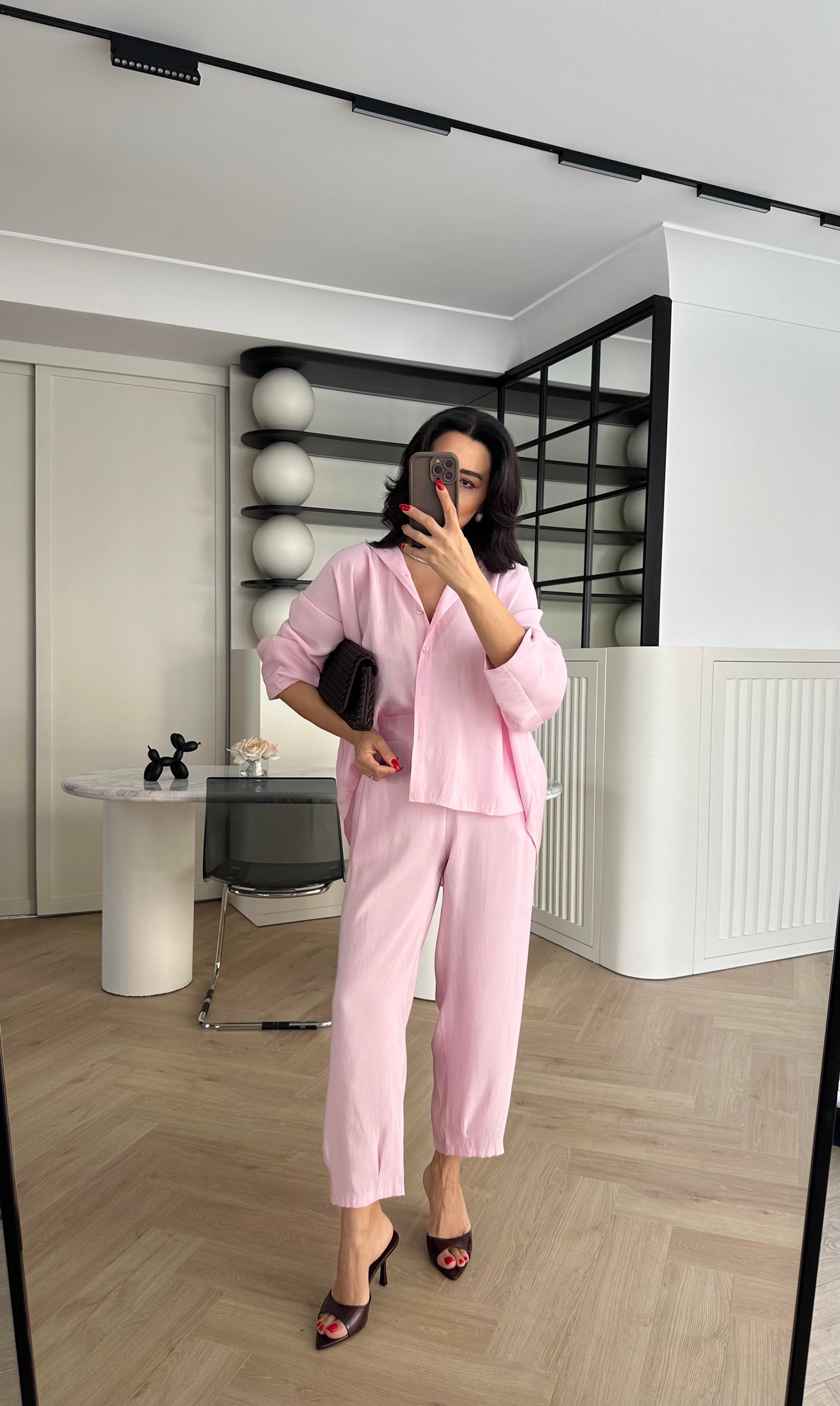 Pembe Tensel Kumaş Massi Gömlek Pantolon Takım