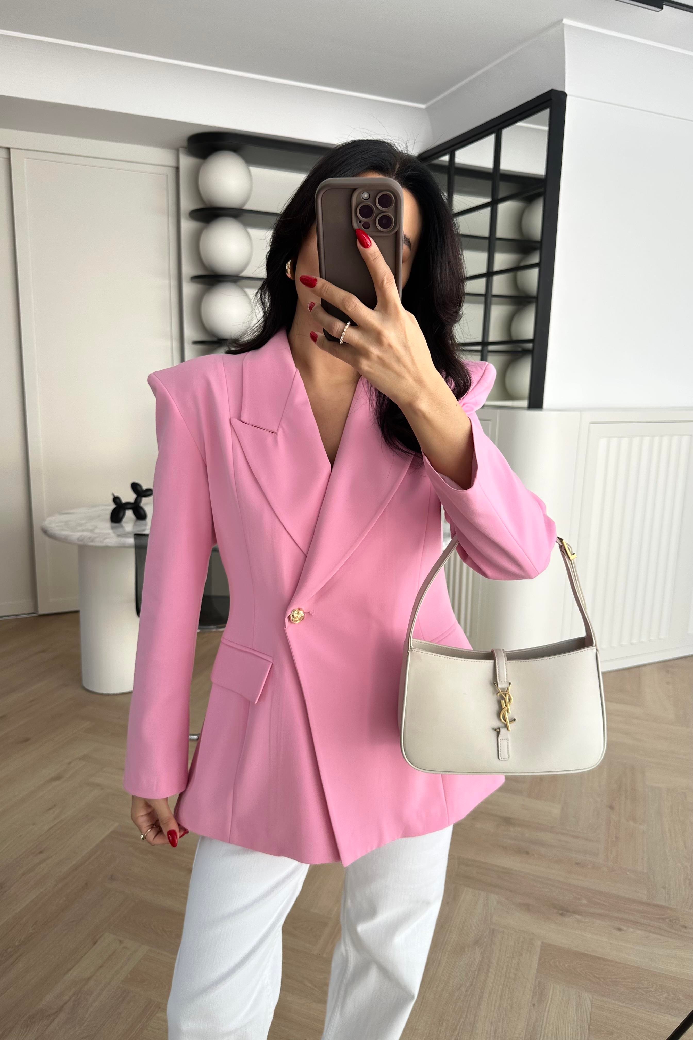 Pembe Vatkalı Tek Düğmeli Blazer Ceket