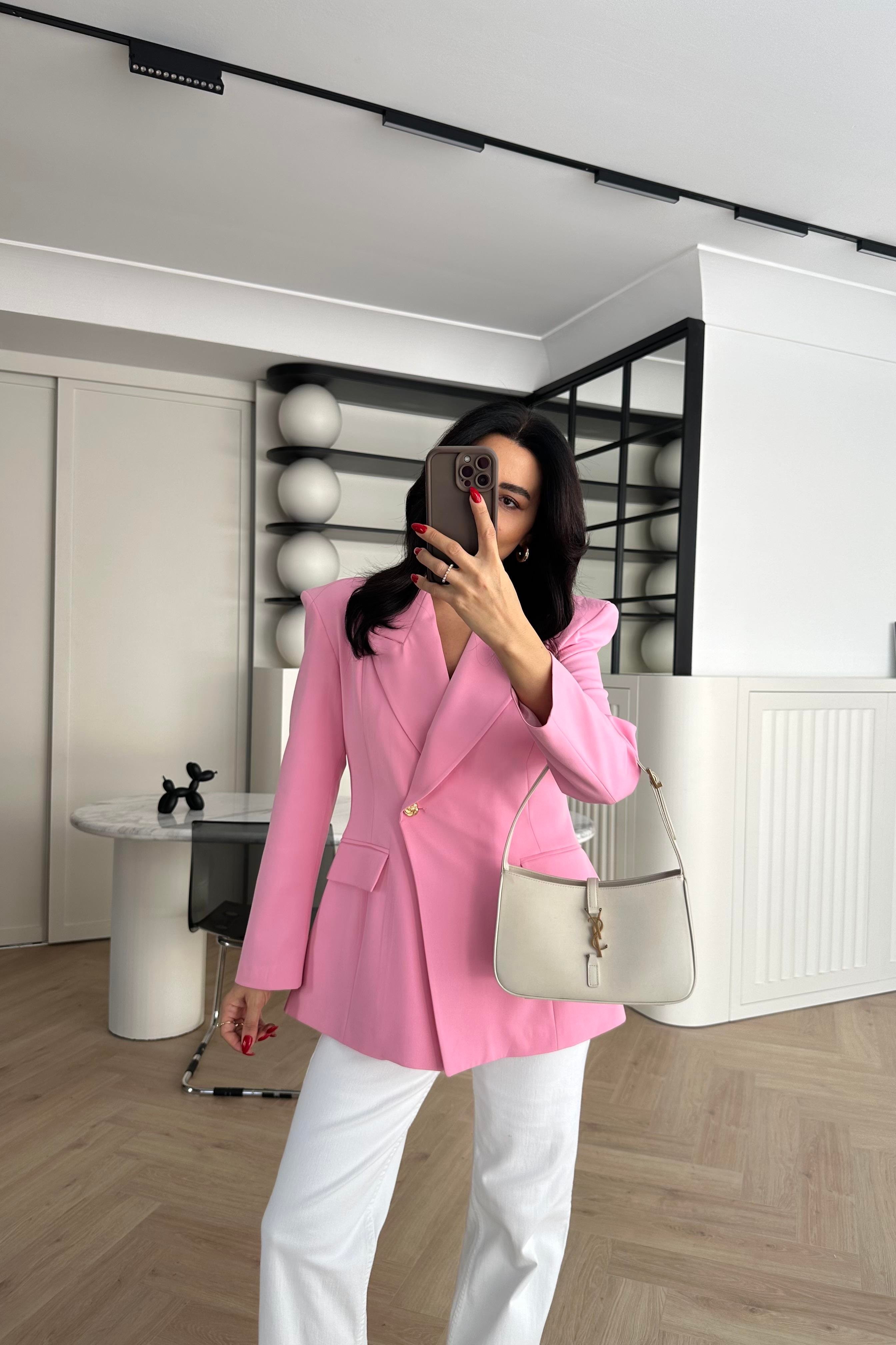 Pembe Vatkalı Tek Düğmeli Blazer Ceket