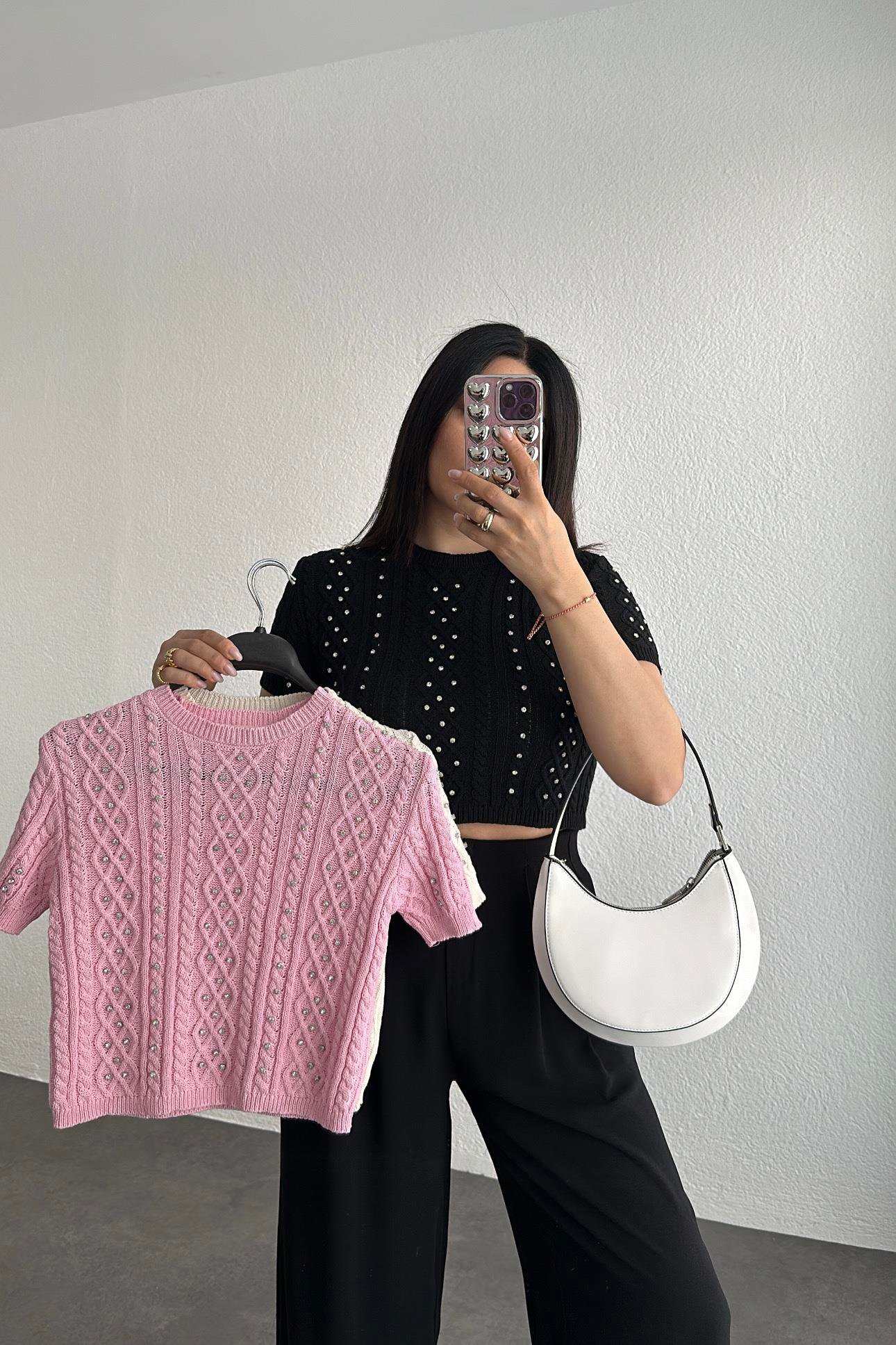 Pembe Yazlık Triko Taş Detaylı 