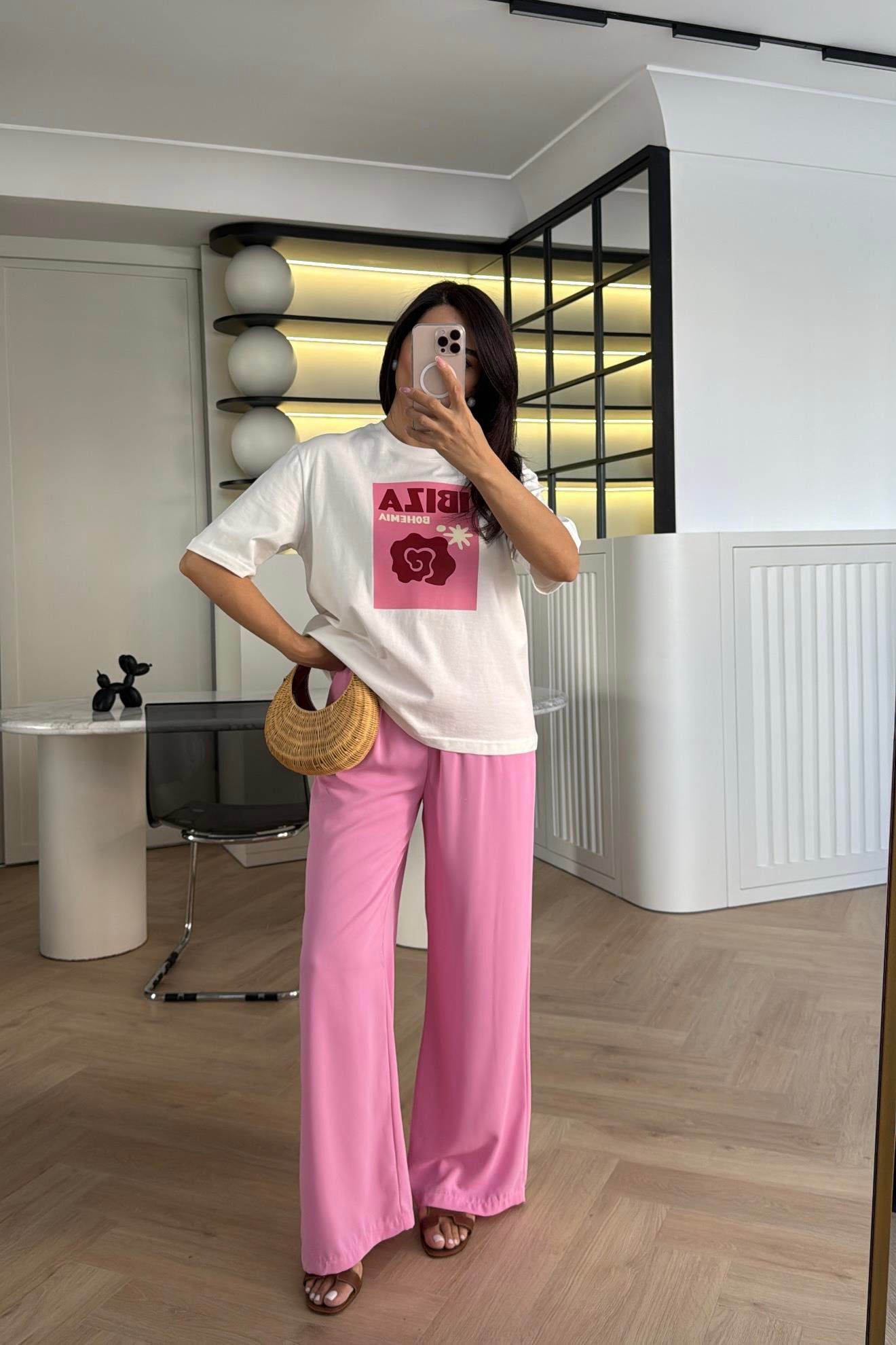 PEMBE YÜKSEK BEL LASTİKLİ PALAZZO 