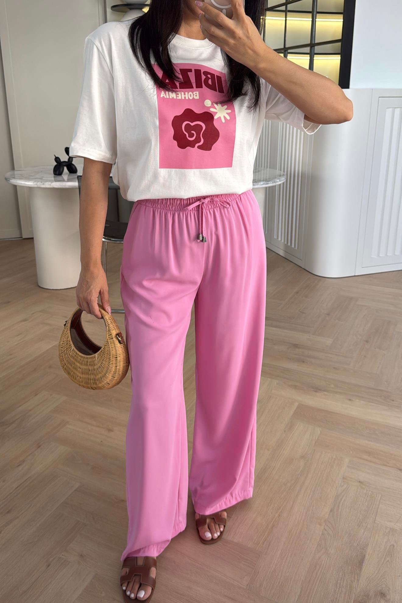 PEMBE YÜKSEK BEL LASTİKLİ PALAZZO 