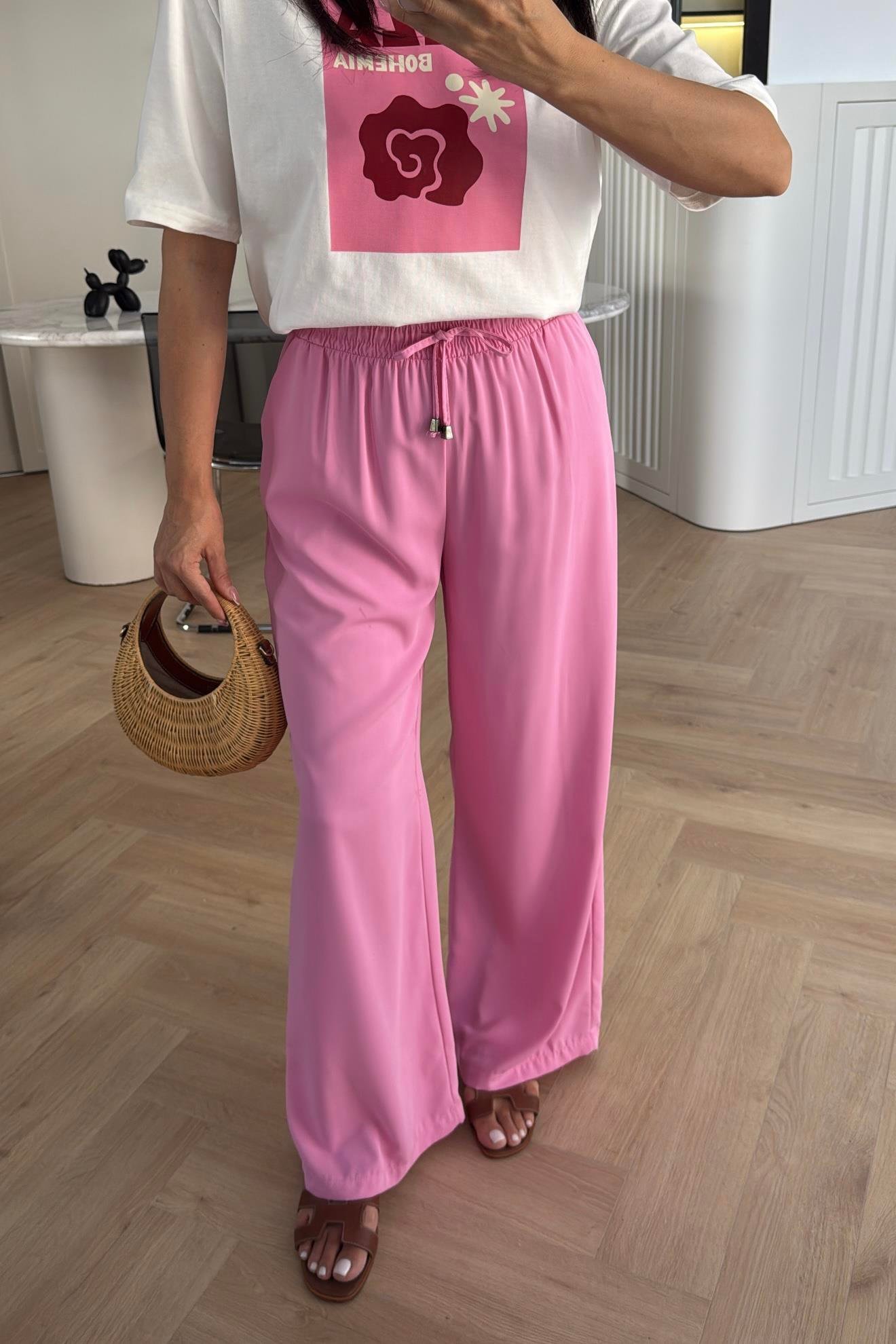 PEMBE YÜKSEK BEL LASTİKLİ PALAZZO 