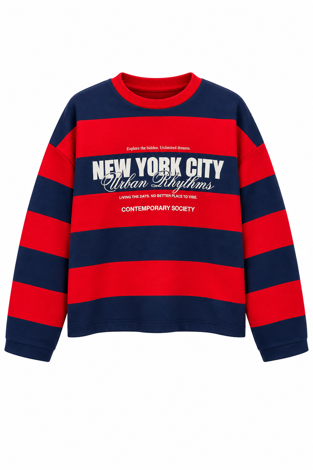 Premium Seri Baskılı Çizgili Sweatshirt Mavi 