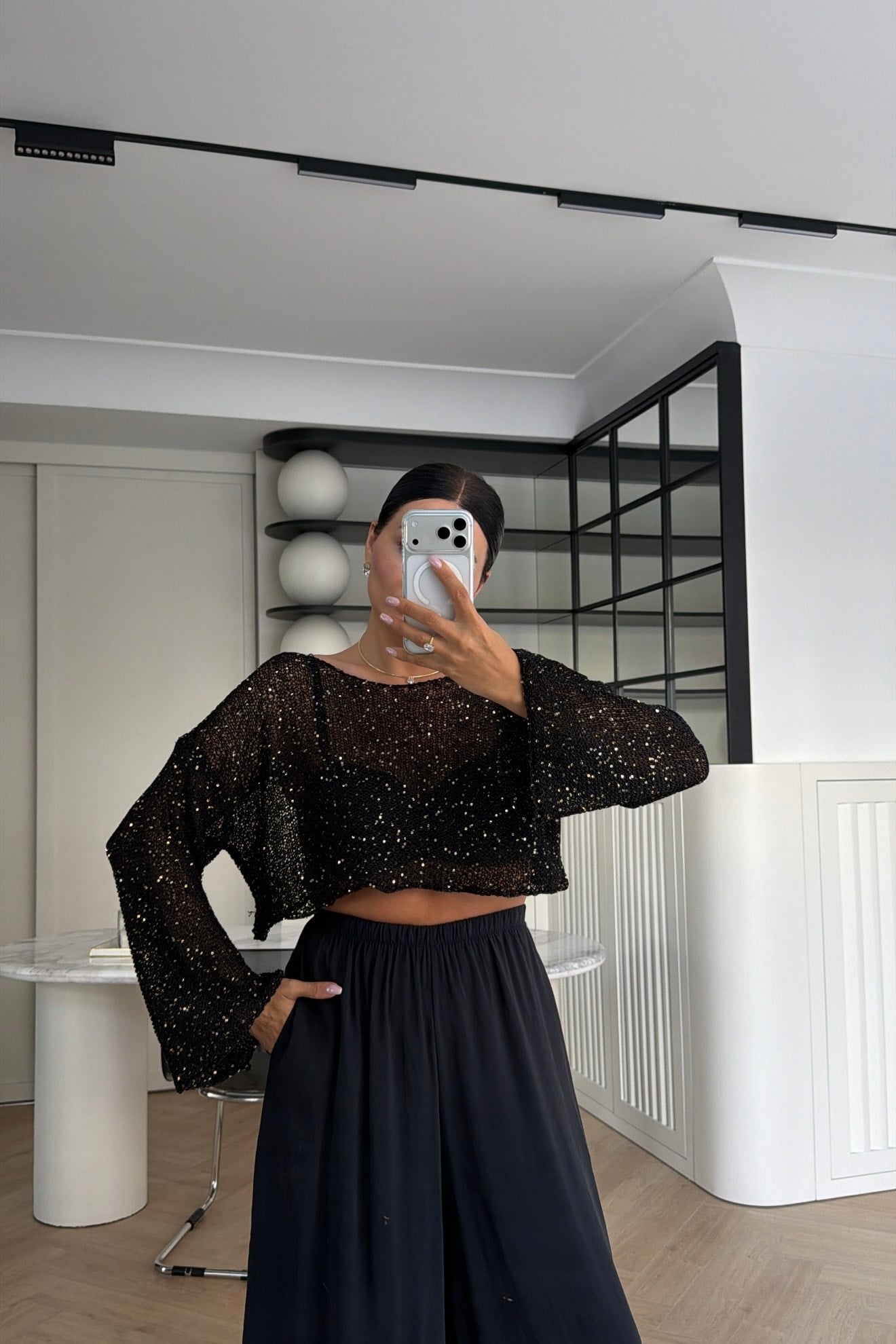 PULLU CROP MERSERİZE TRİKO SİYAH