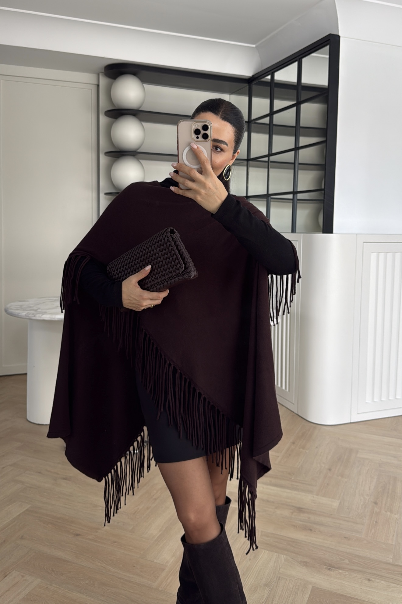 PÜSKÜLLÜ TRİKO PANÇO KAHVE