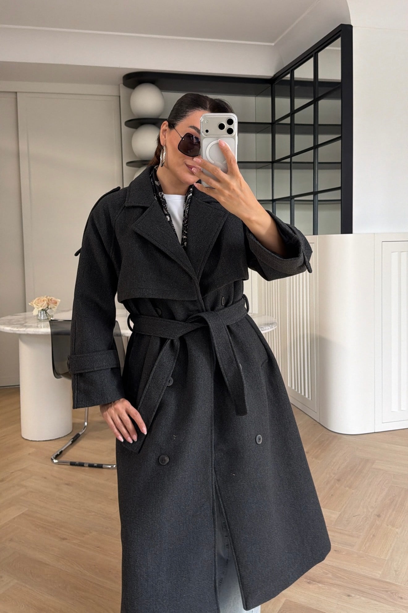 Rüzgarlıklı Oversize Kaşe Kaban Antrasit 