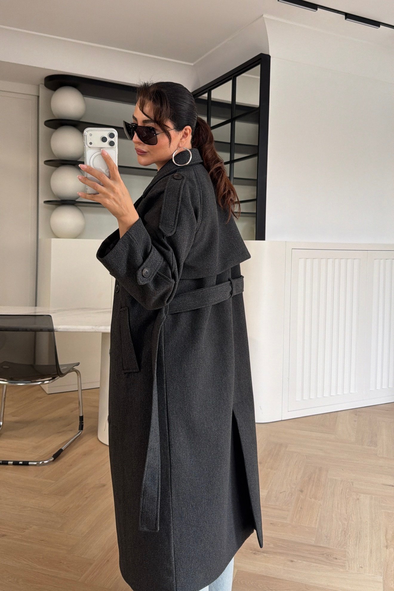 Rüzgarlıklı Oversize Kaşe Kaban Antrasit 
