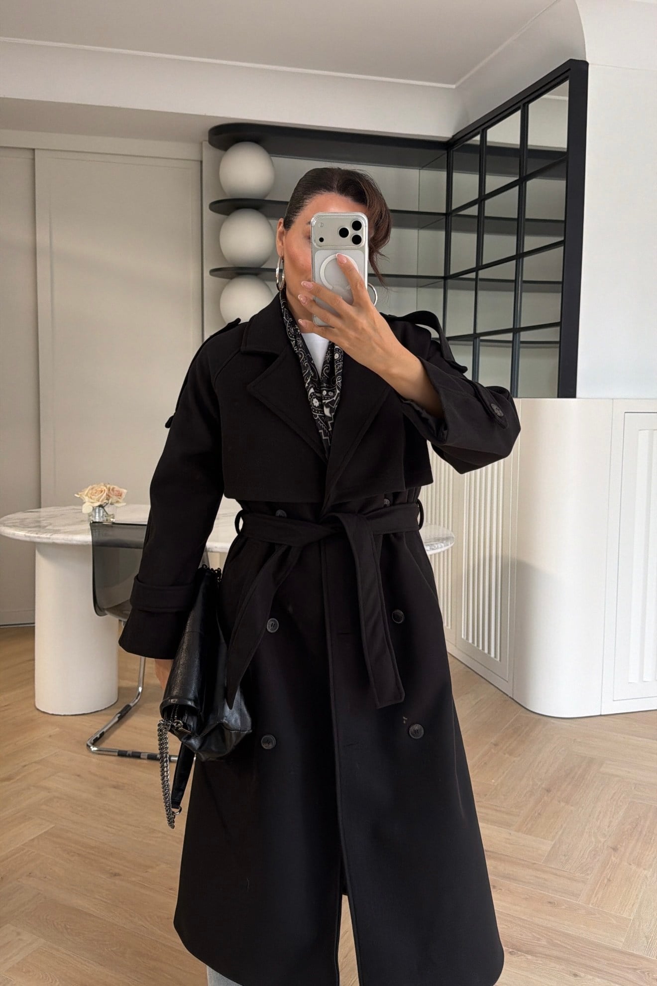 Rüzgarlıklı Oversize Kaşe Kaban Siyah 