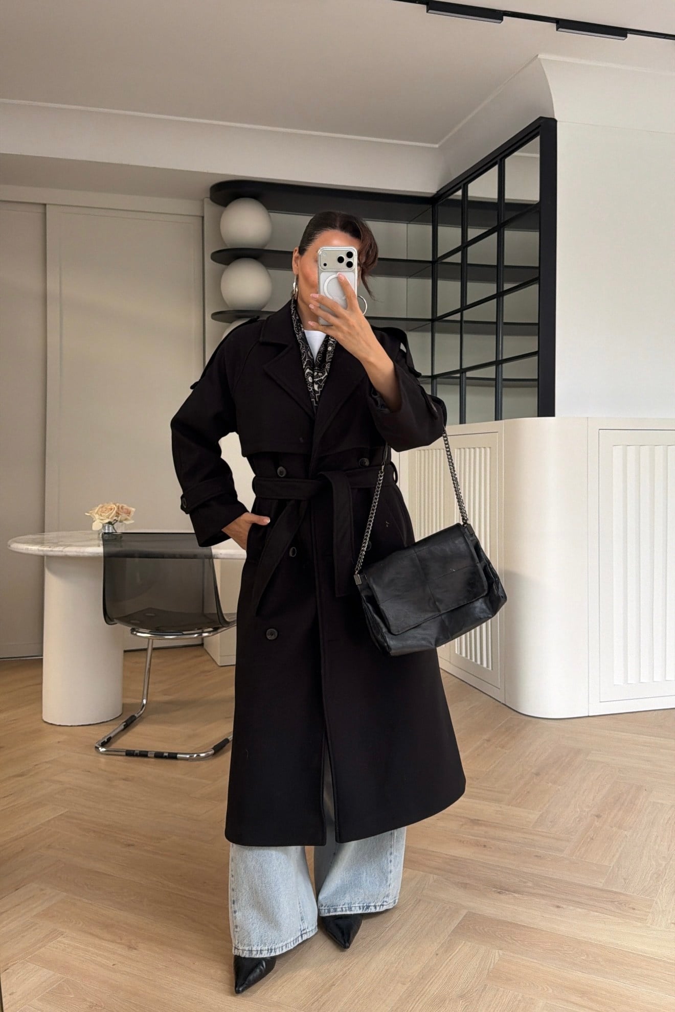 Rüzgarlıklı Oversize Kaşe Kaban Siyah 