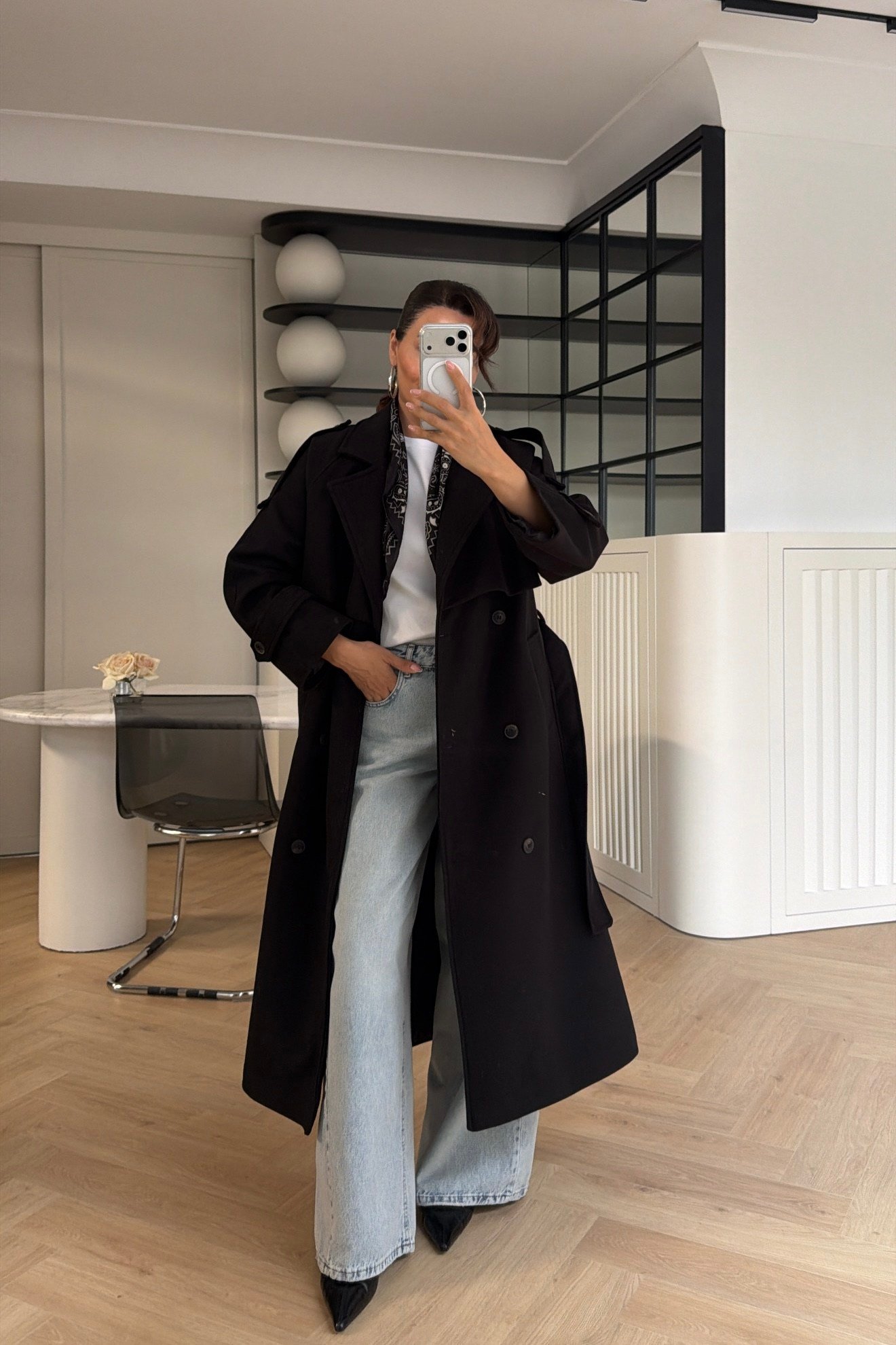 Rüzgarlıklı Oversize Kaşe Kaban Siyah 