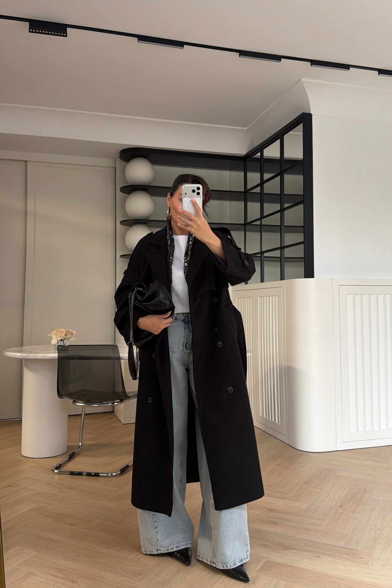 Rüzgarlıklı Oversize Kaşe Kaban Siyah 