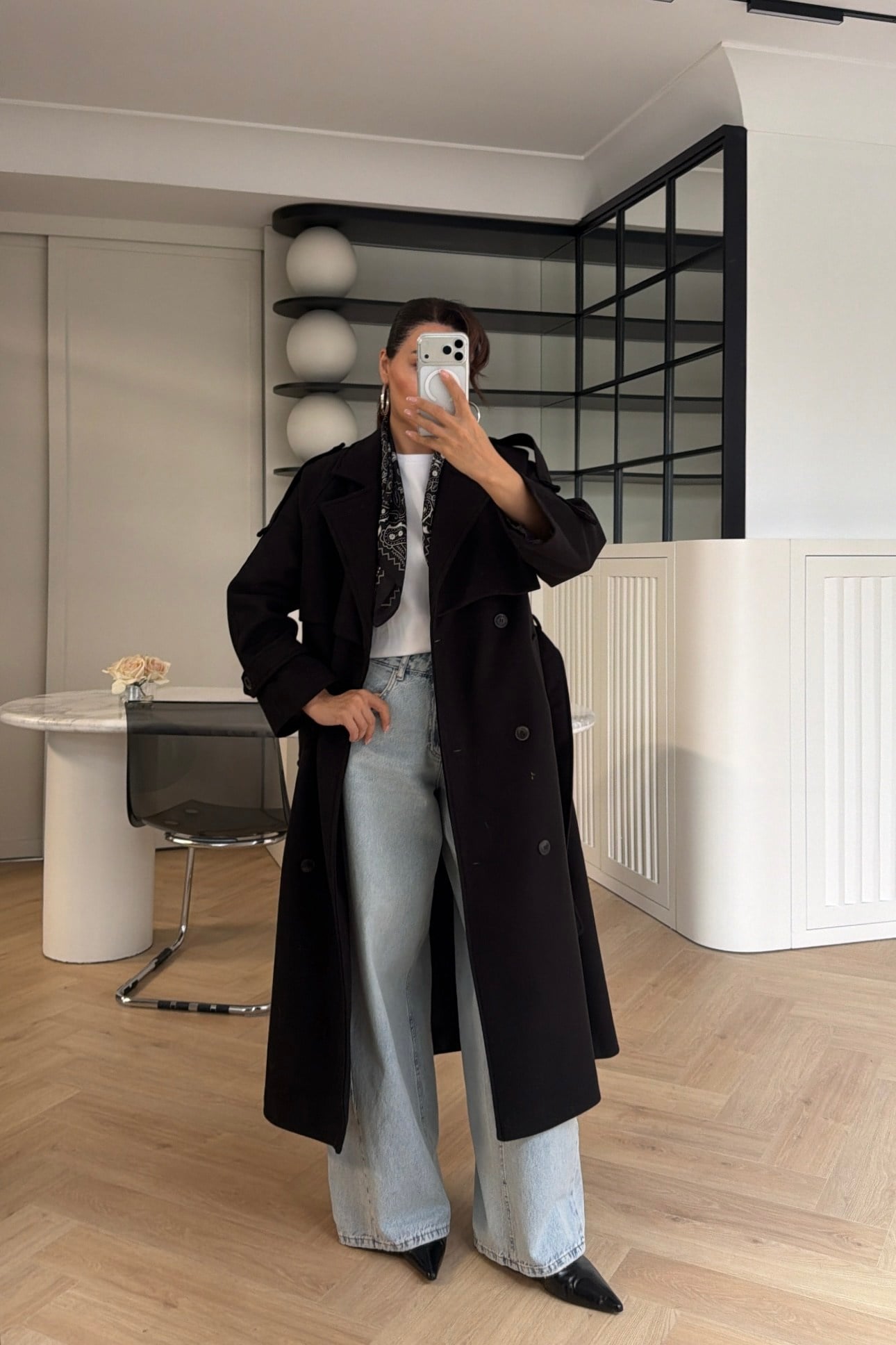 Rüzgarlıklı Oversize Kaşe Kaban Siyah 
