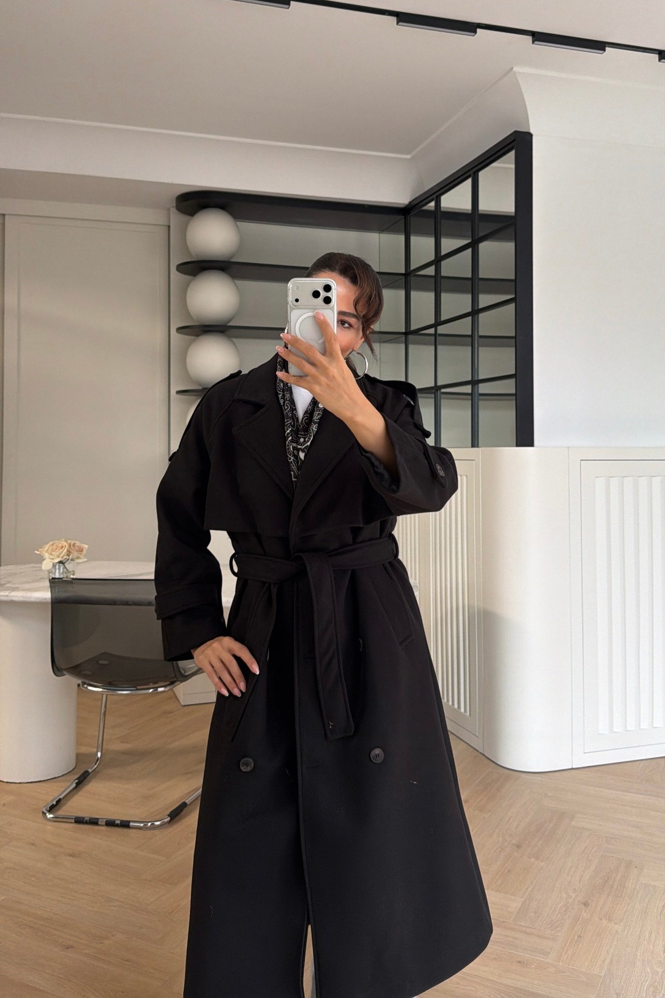 Rüzgarlıklı Oversize Kaşe Kaban Siyah 