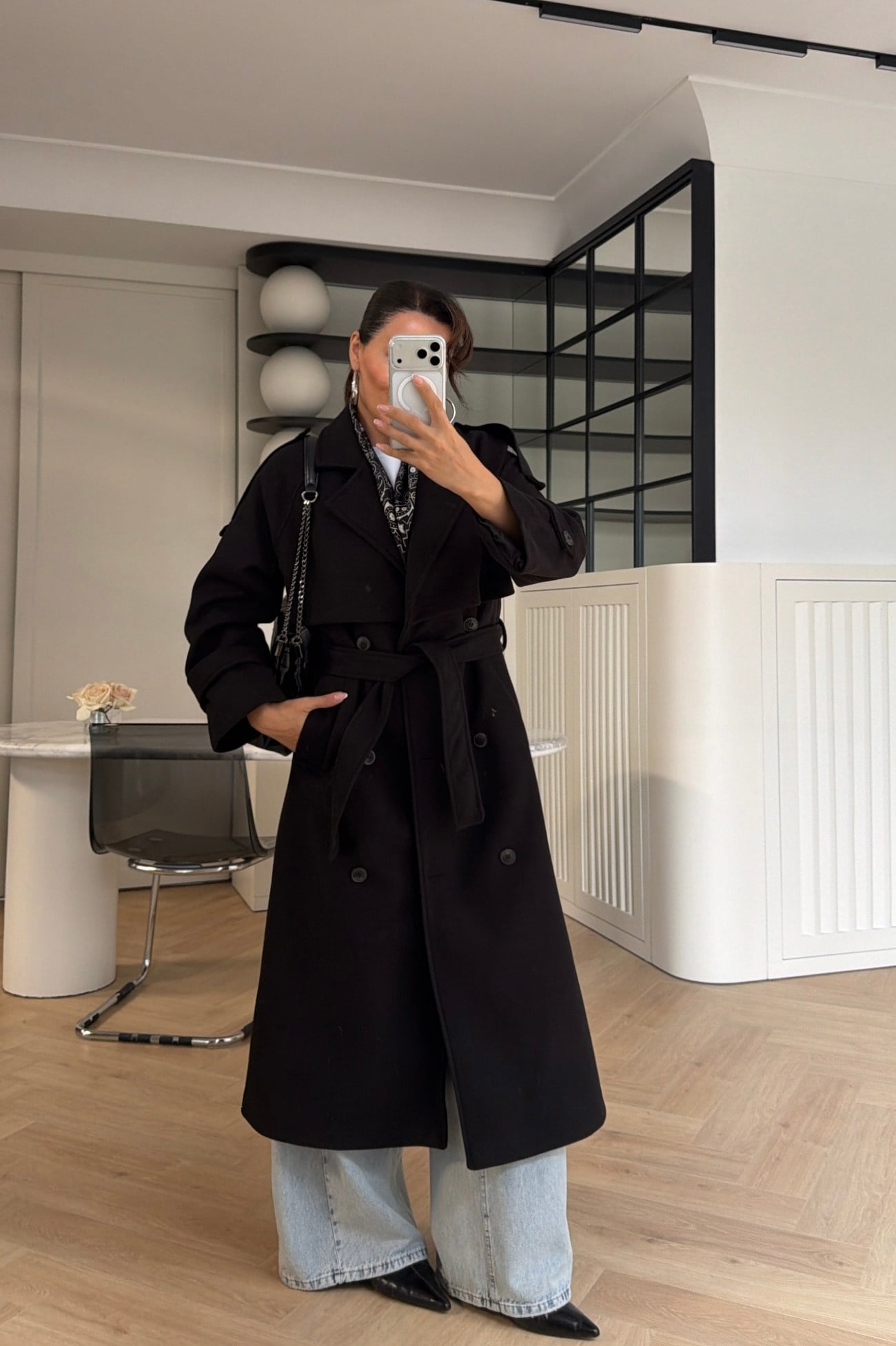 Rüzgarlıklı Oversize Kaşe Kaban Siyah 