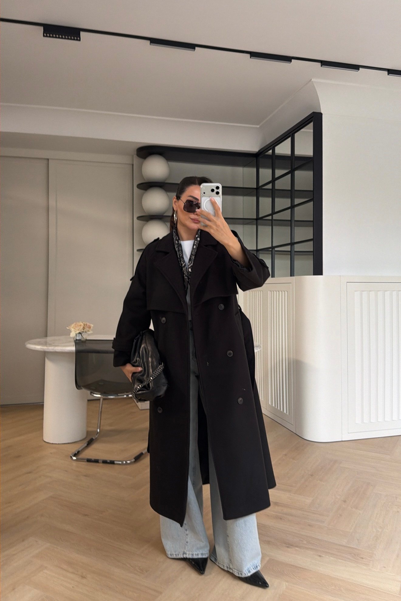 Rüzgarlıklı Oversize Kaşe Kaban Siyah 