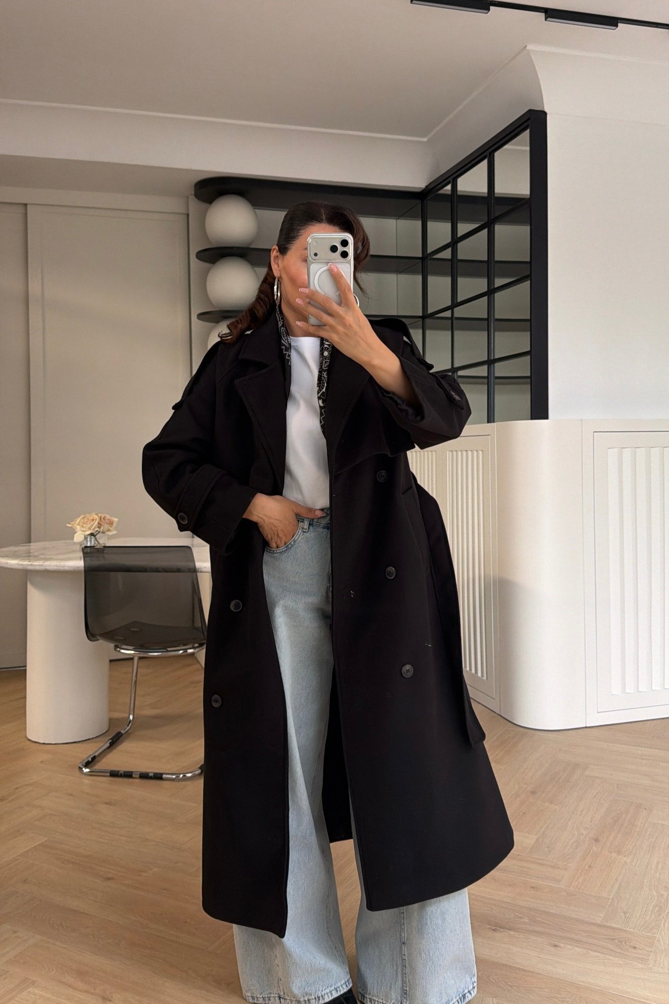 Rüzgarlıklı Oversize Kaşe Kaban Siyah 