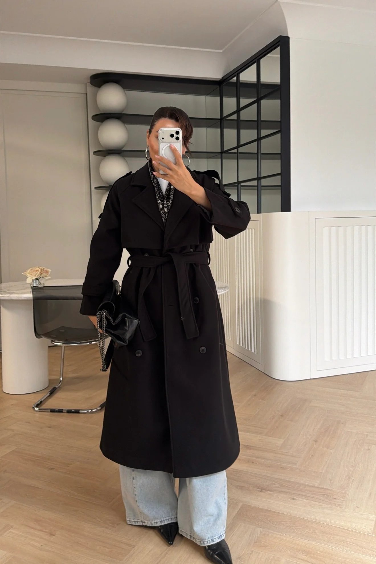 Rüzgarlıklı Oversize Kaşe Kaban Siyah 