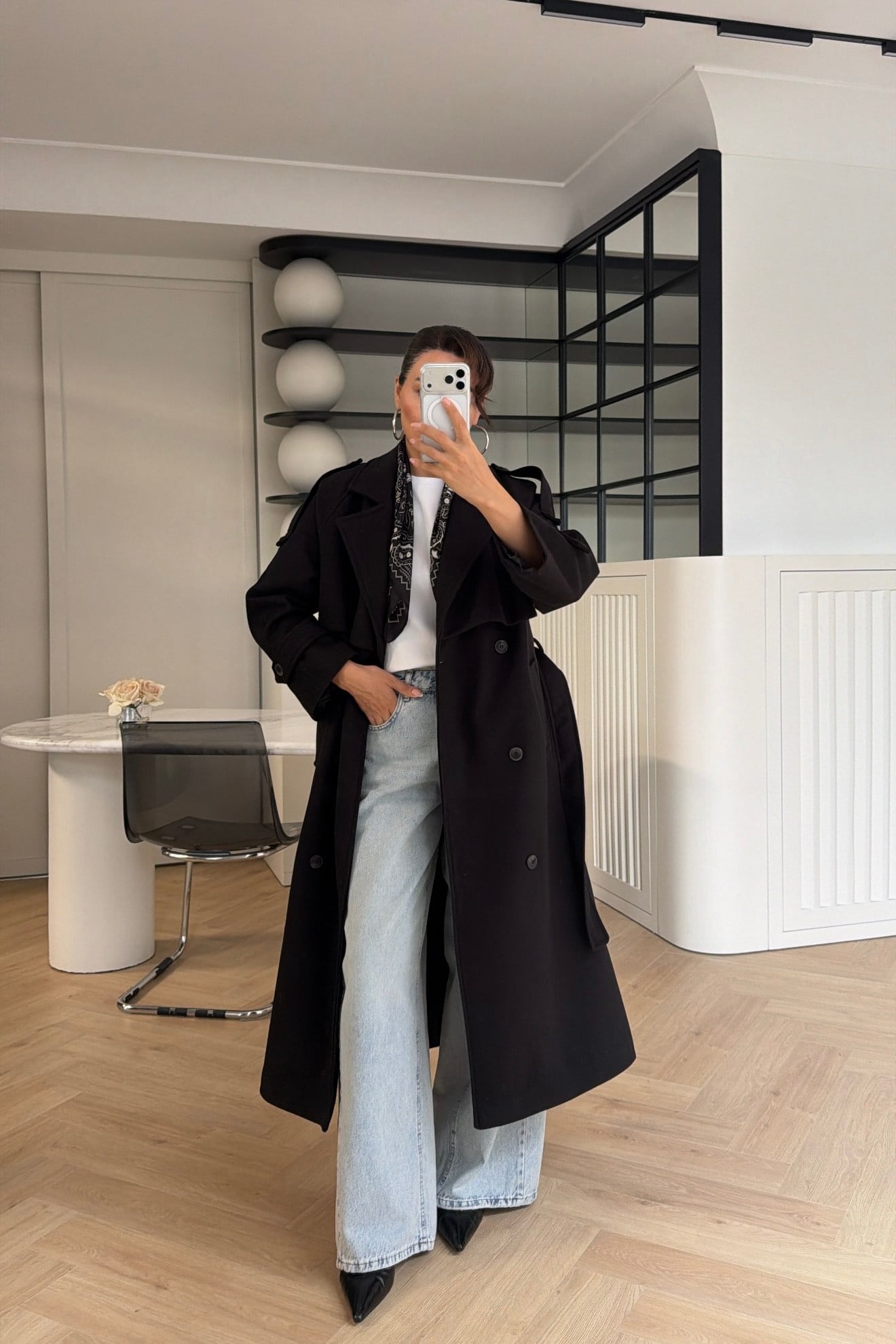Rüzgarlıklı Oversize Kaşe Kaban Siyah 