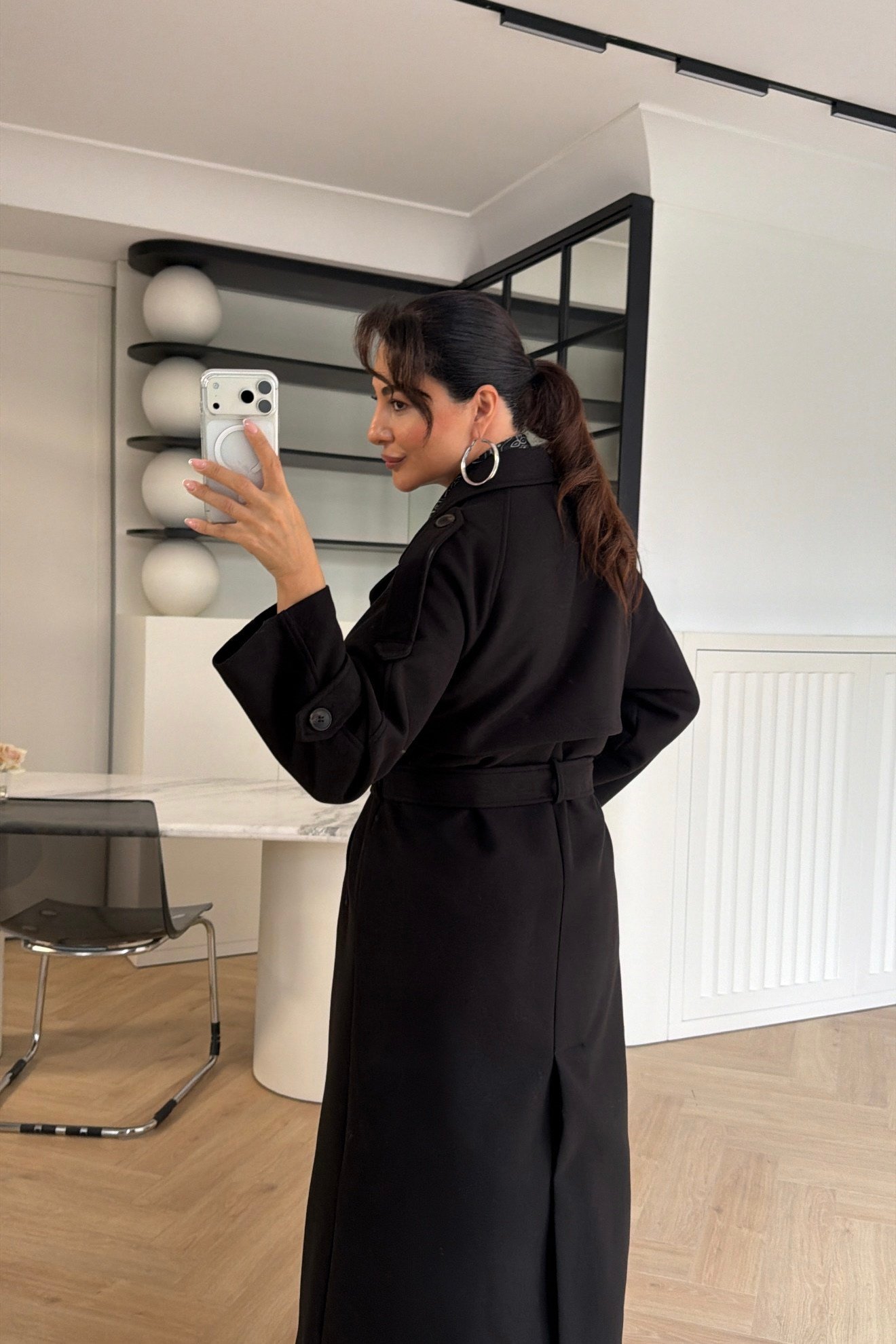 Rüzgarlıklı Oversize Kaşe Kaban Siyah 